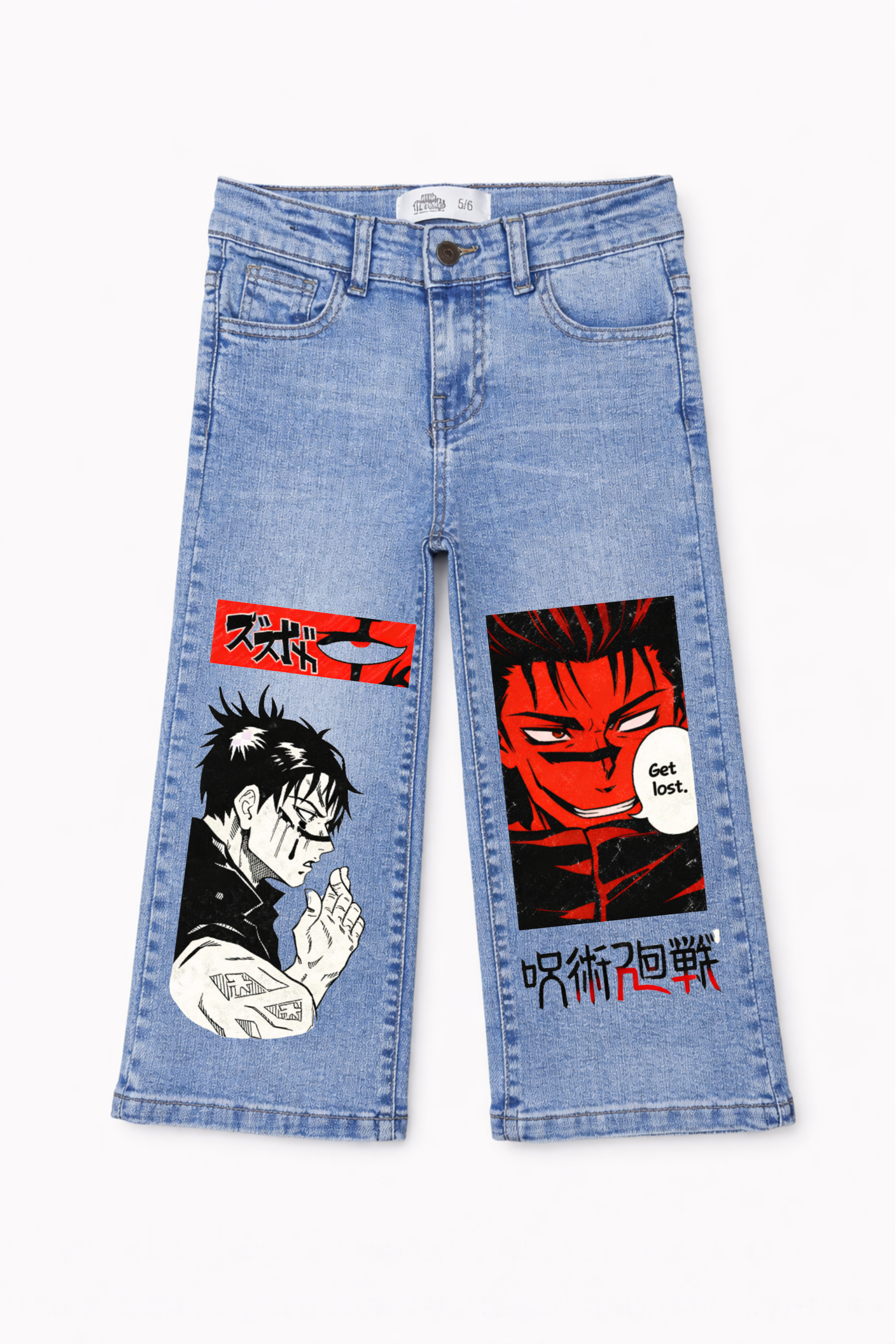 Blue jeans with anime-style graphic designs on a white background