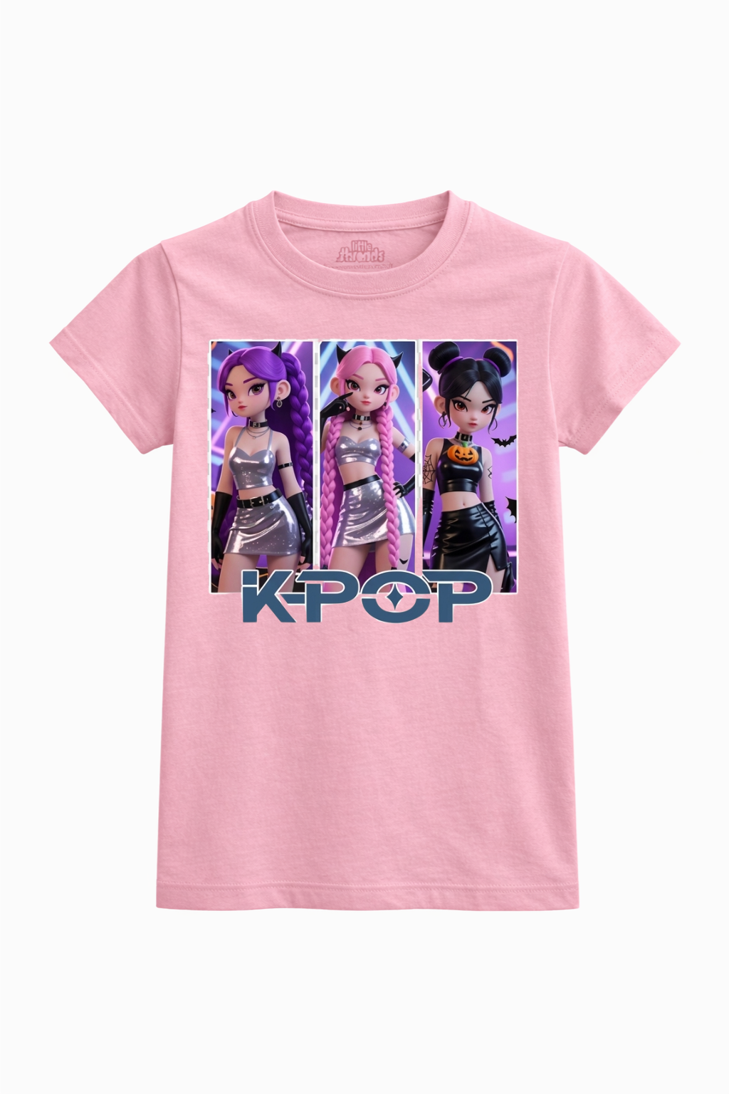 Pink t-shirt with KPOP-themed design featuring three characters on a white background