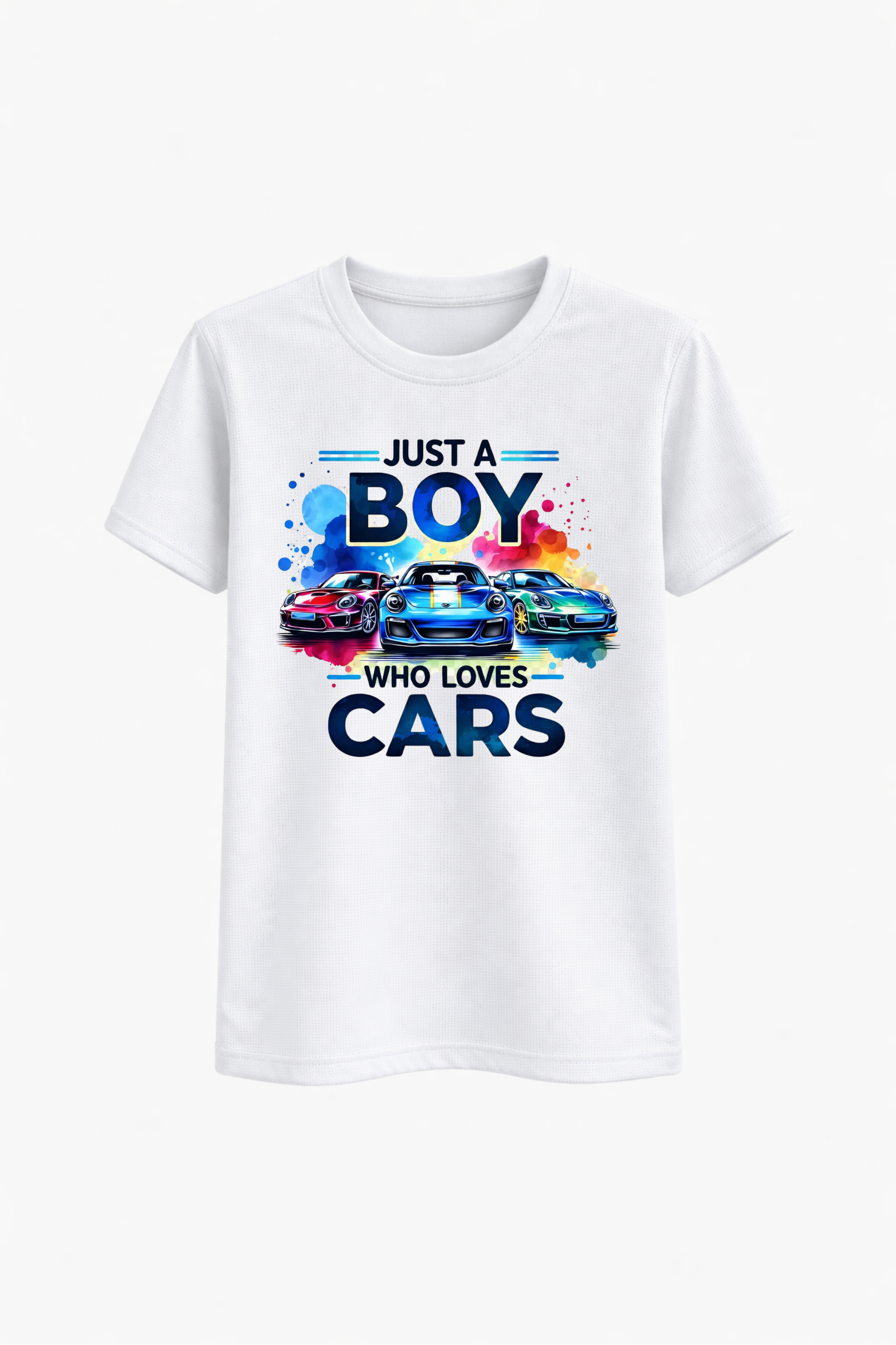 White t-shirt with colorful car graphic and text 'Just a boy who loves cars' on a white background
