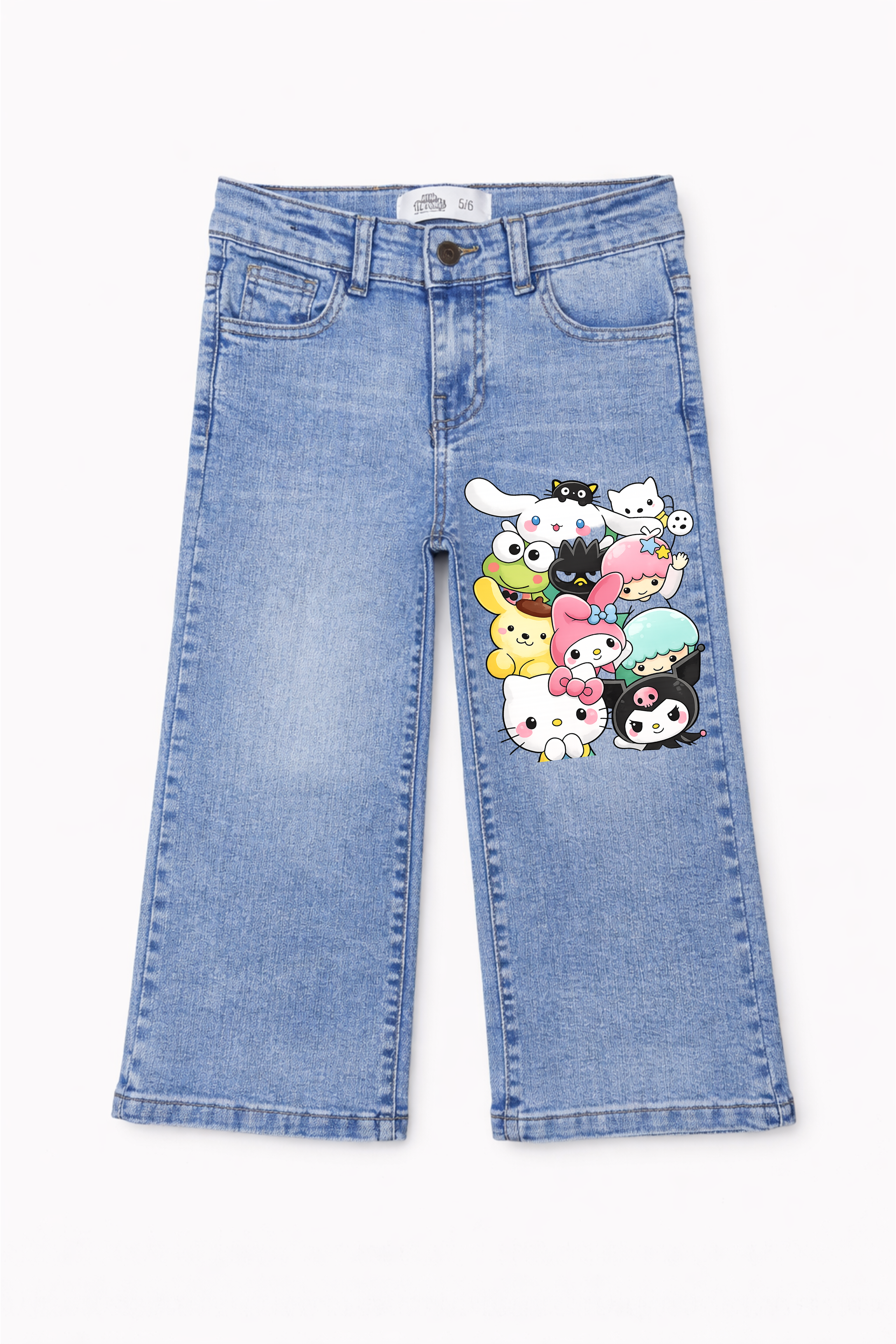 Blue jeans with cartoon character patch on a white background
