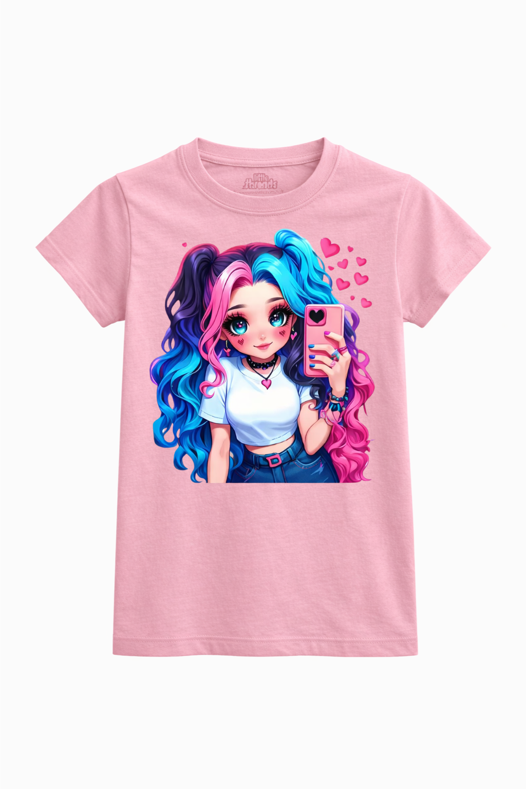 Pink t-shirt with an animated character holding a phone on a white background