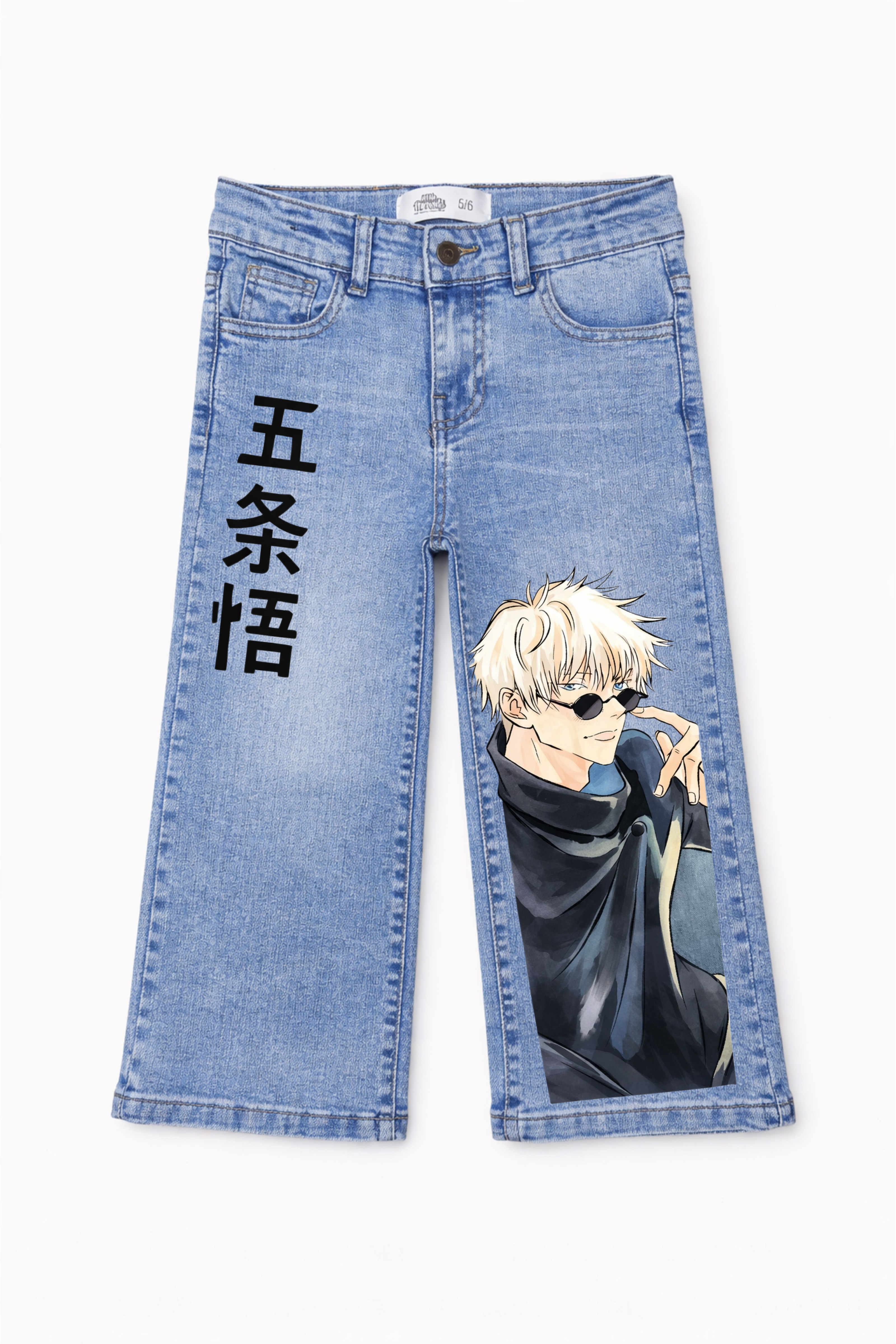 Denim pants with anime character and text on a white background