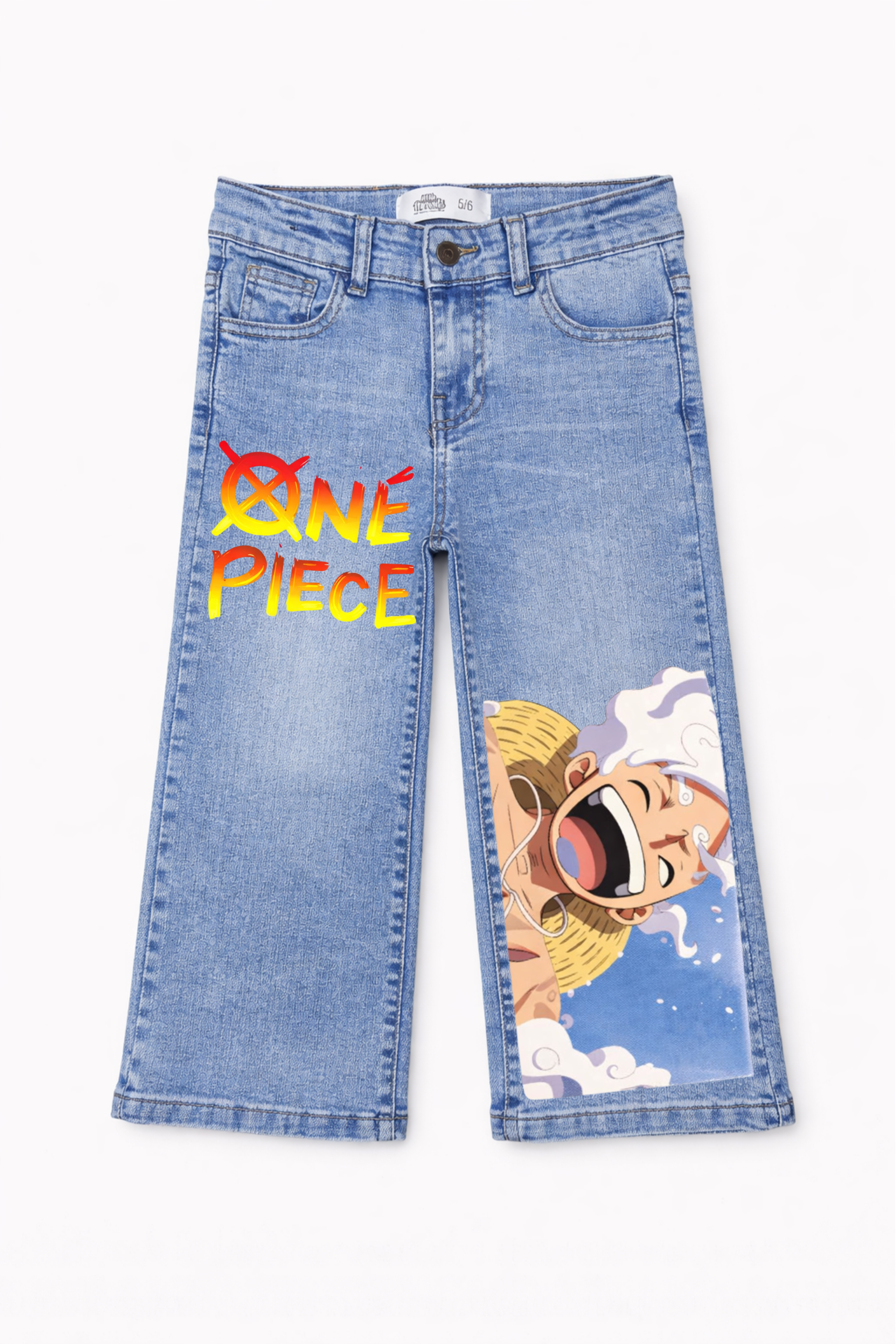 Blue jeans with 'One Piece' branding and character design on a white background