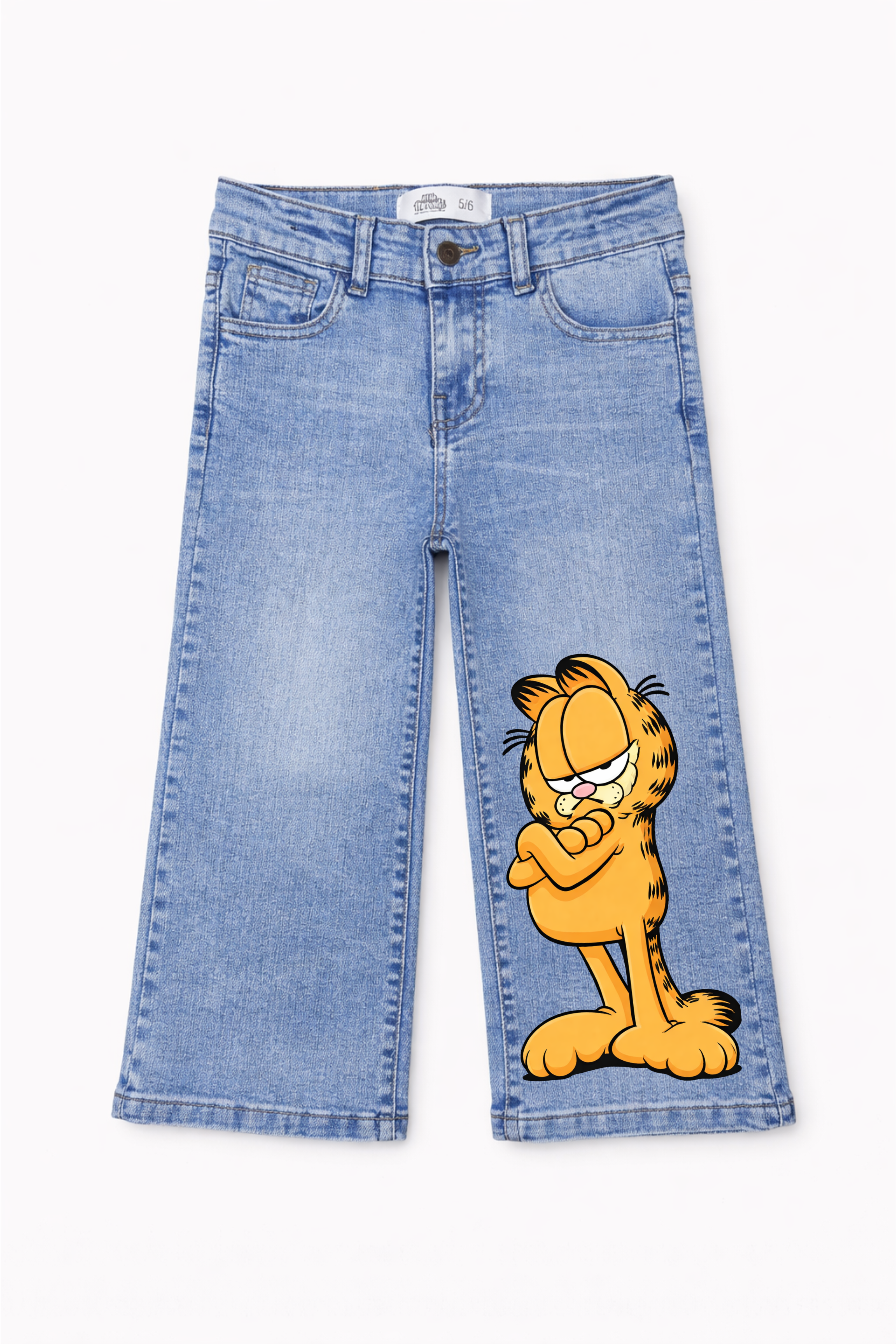 Blue jeans with a cartoon character on a white background
