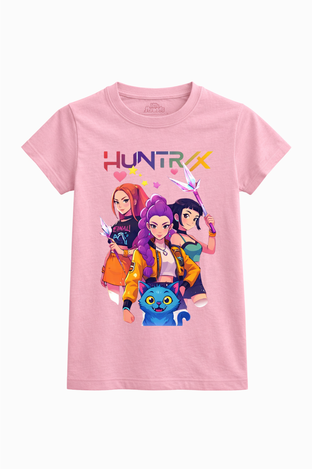 Pink t-shirt with animated characters and 'HUNTR' logo on a white background