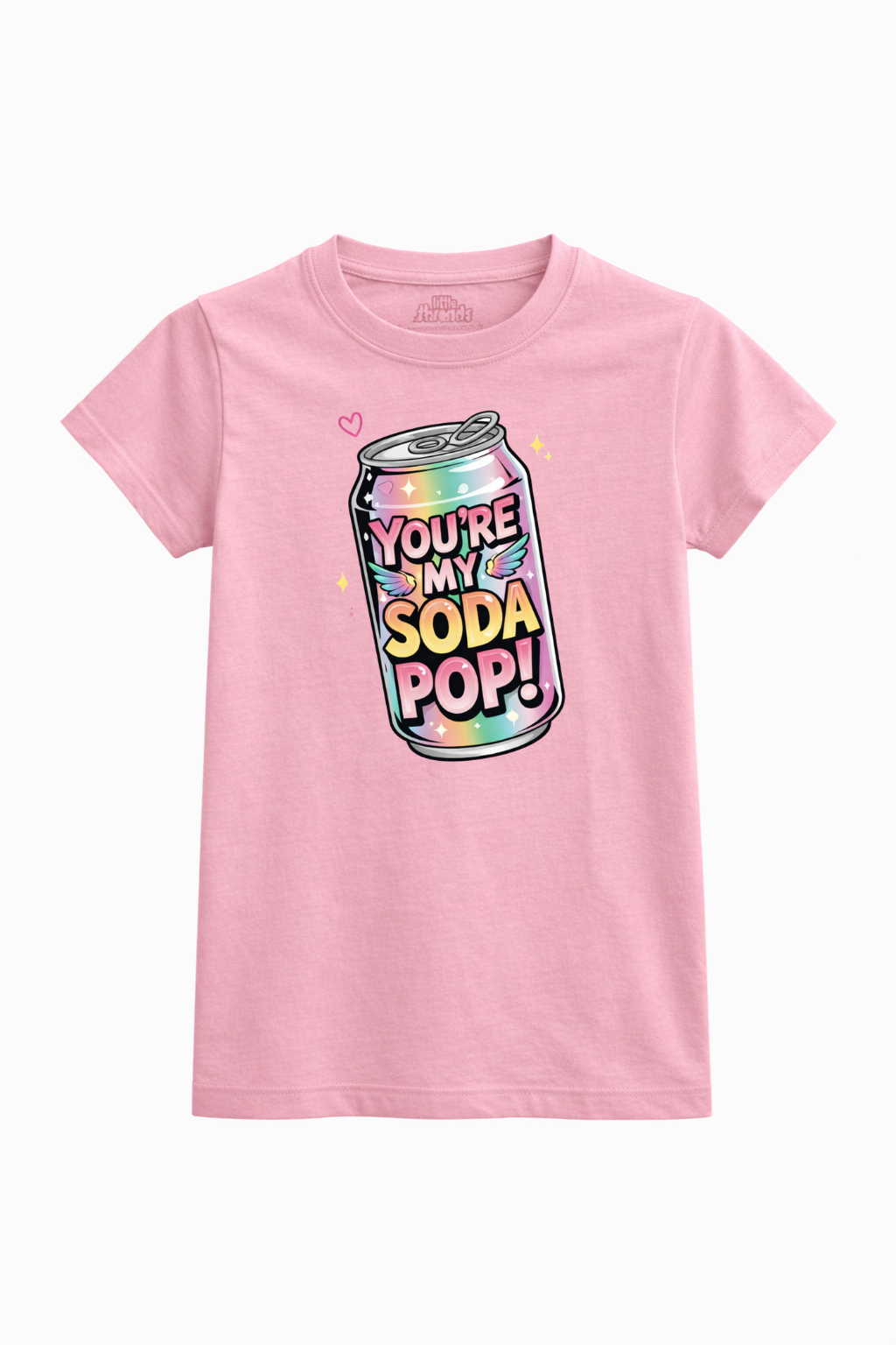 Pink t-shirt with a colorful soda can graphic and text on a white background