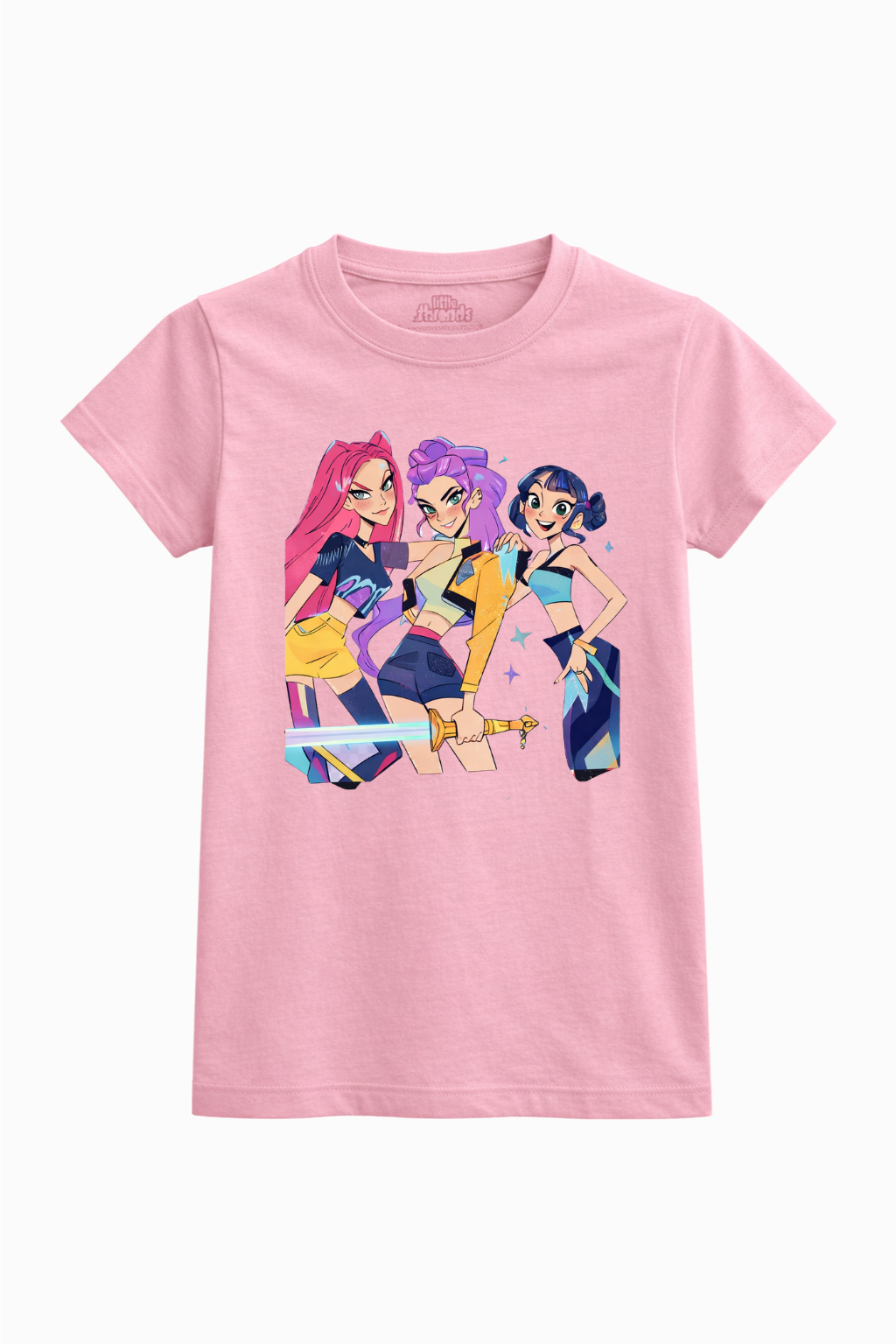 Pink t-shirt with cartoon characters on a white background