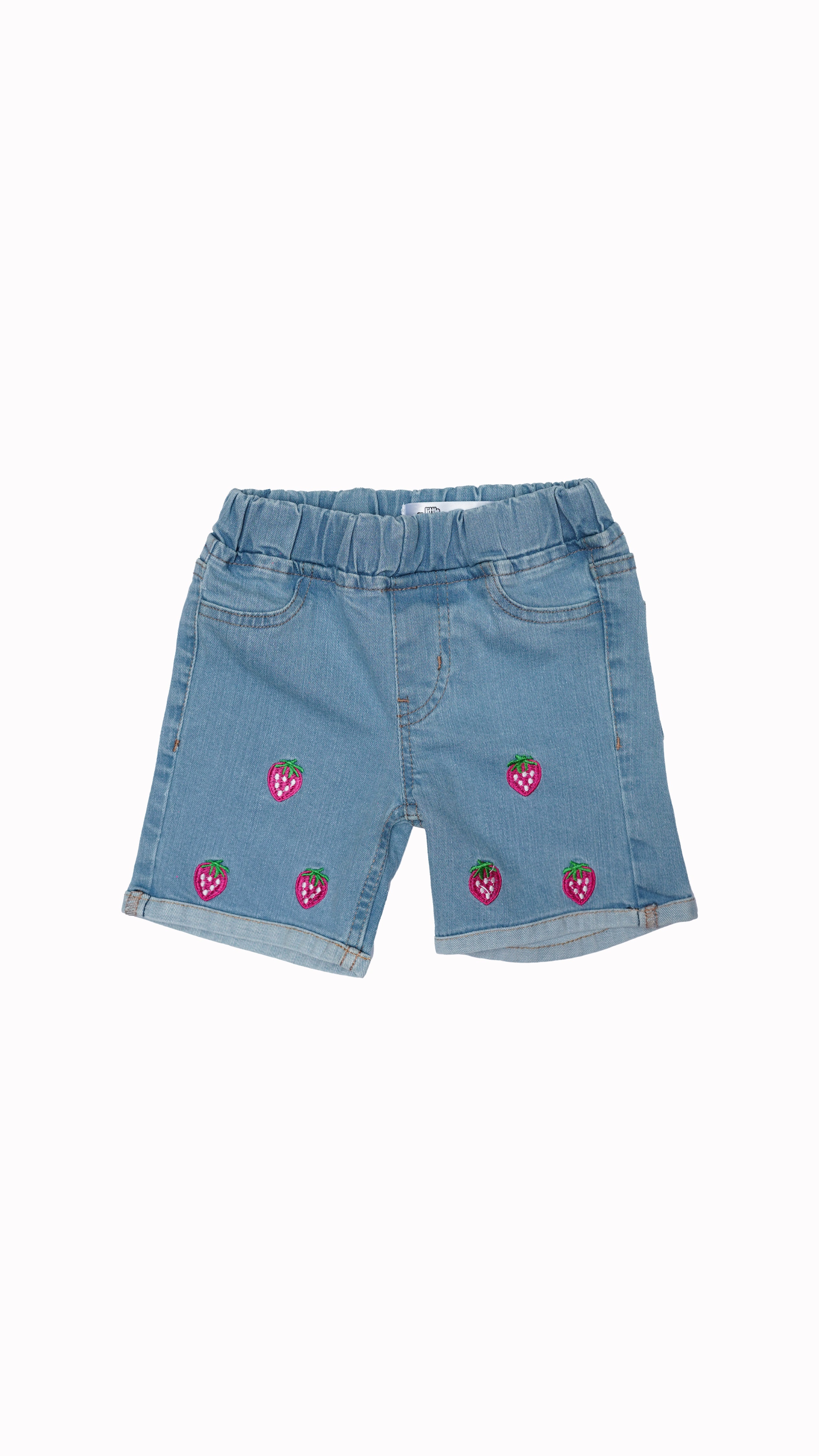 Strawberry Sweetheart Girls Embroidered Denim Shorts Light Blue