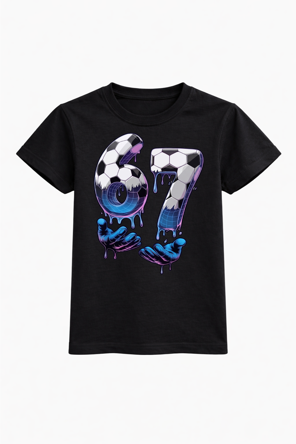 Black t-shirt with a colorful '67' design on a white background