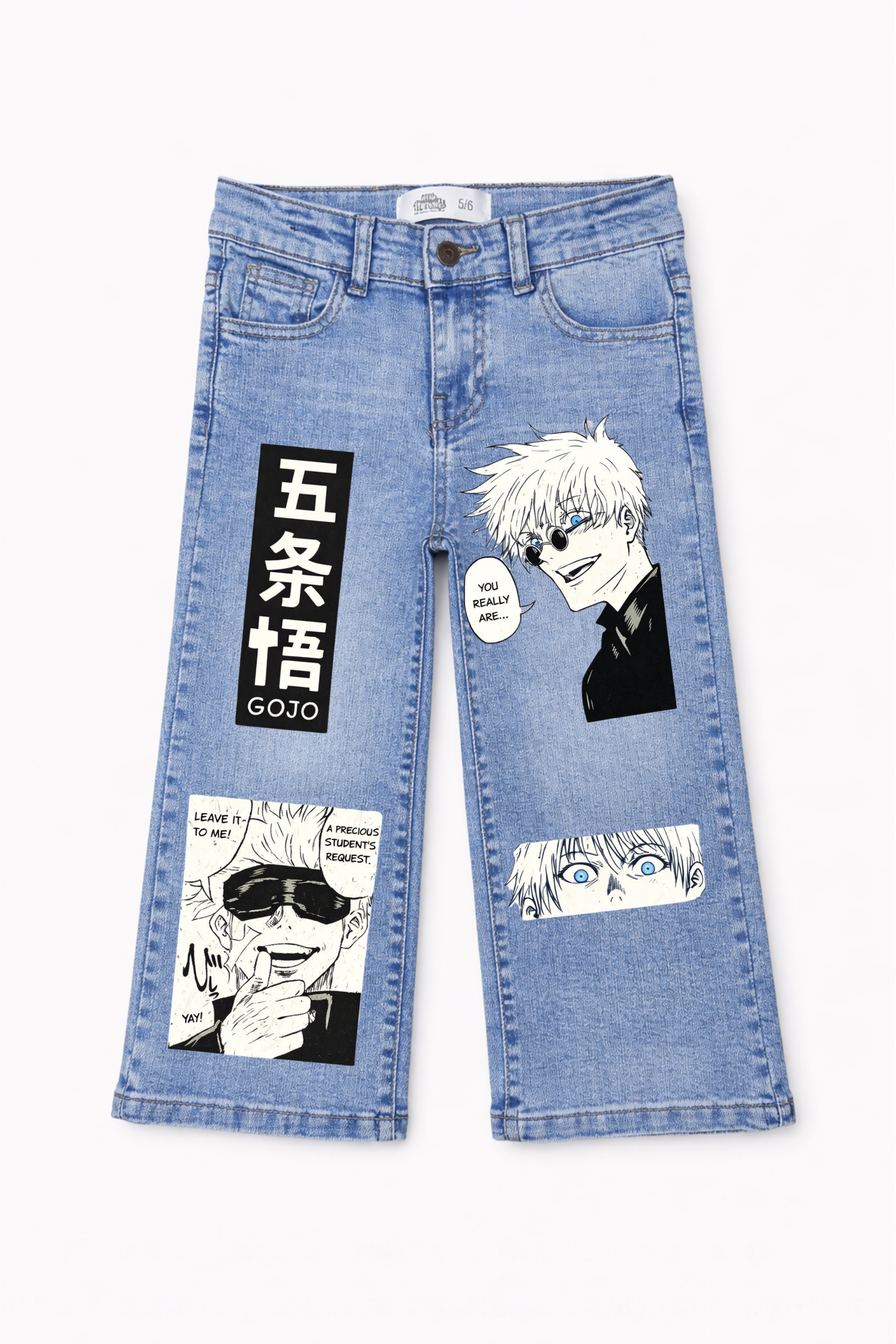 Denim jeans with anime character and text patches on a white background