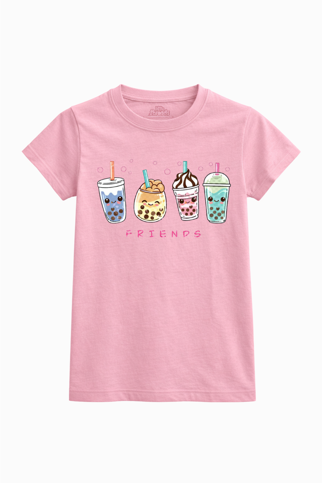 Pink t-shirt with bubble tea graphics and 'Friends' text on a white background