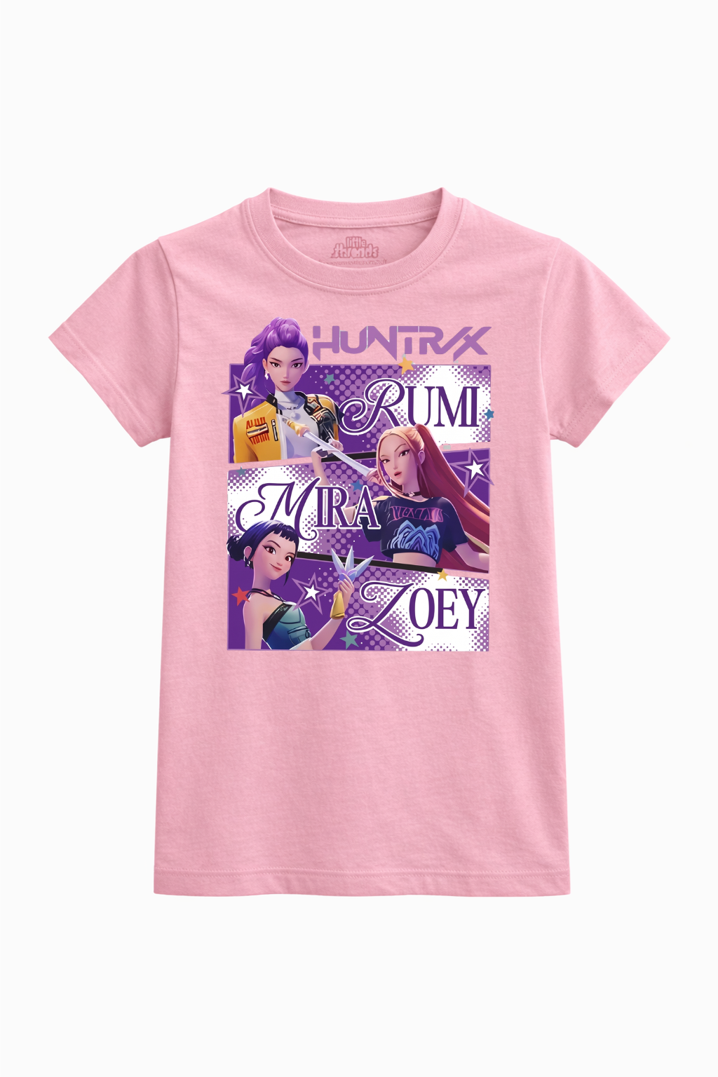 Pink t-shirt with animated characters and text on a white background