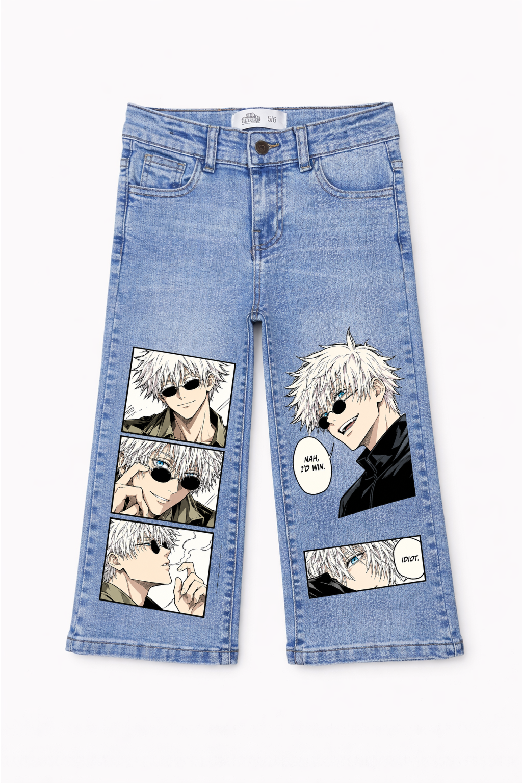 Light blue denim jeans with anime character prints on the legs, displayed flat against a white background.