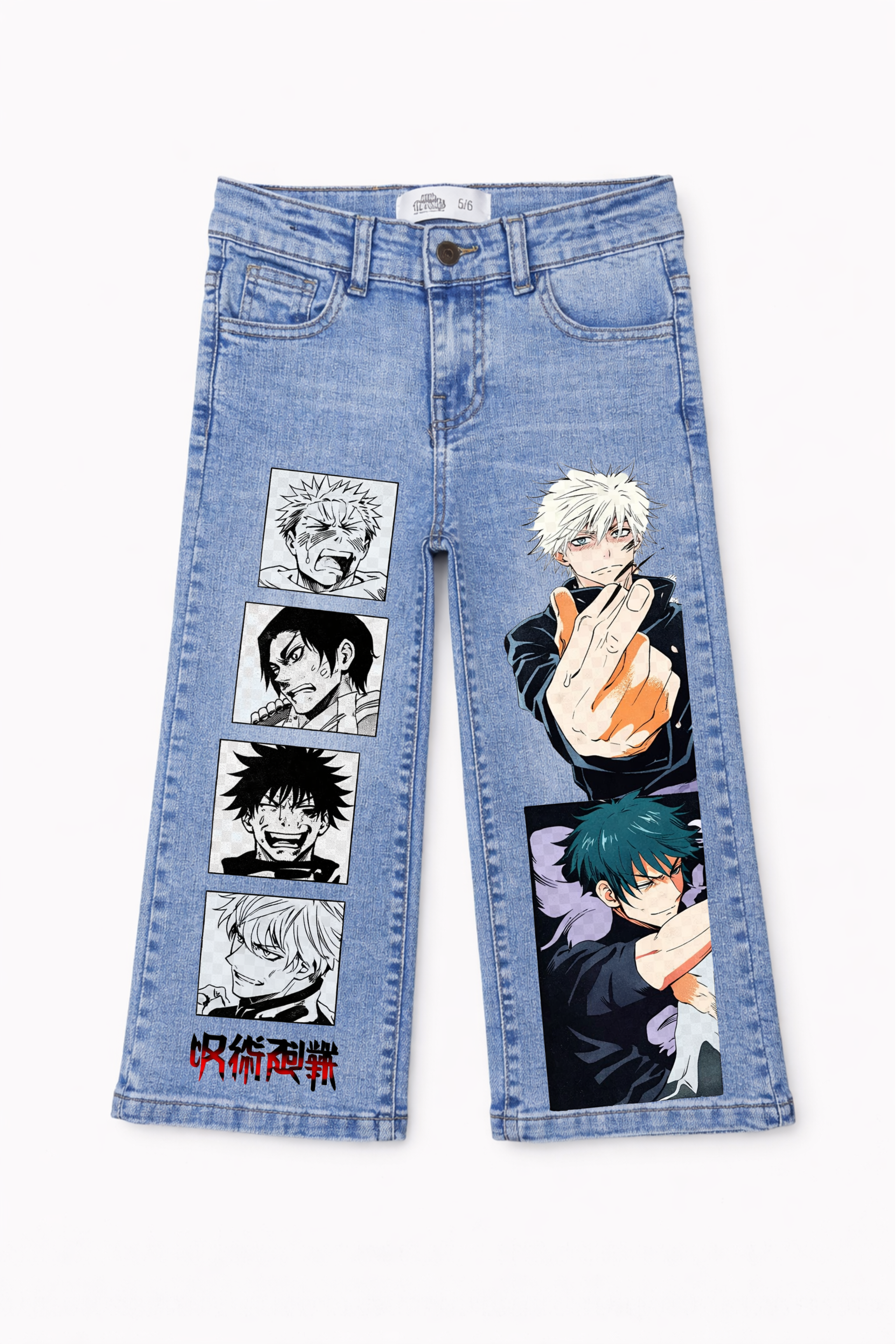 Blue jeans with anime character graphics on a white background