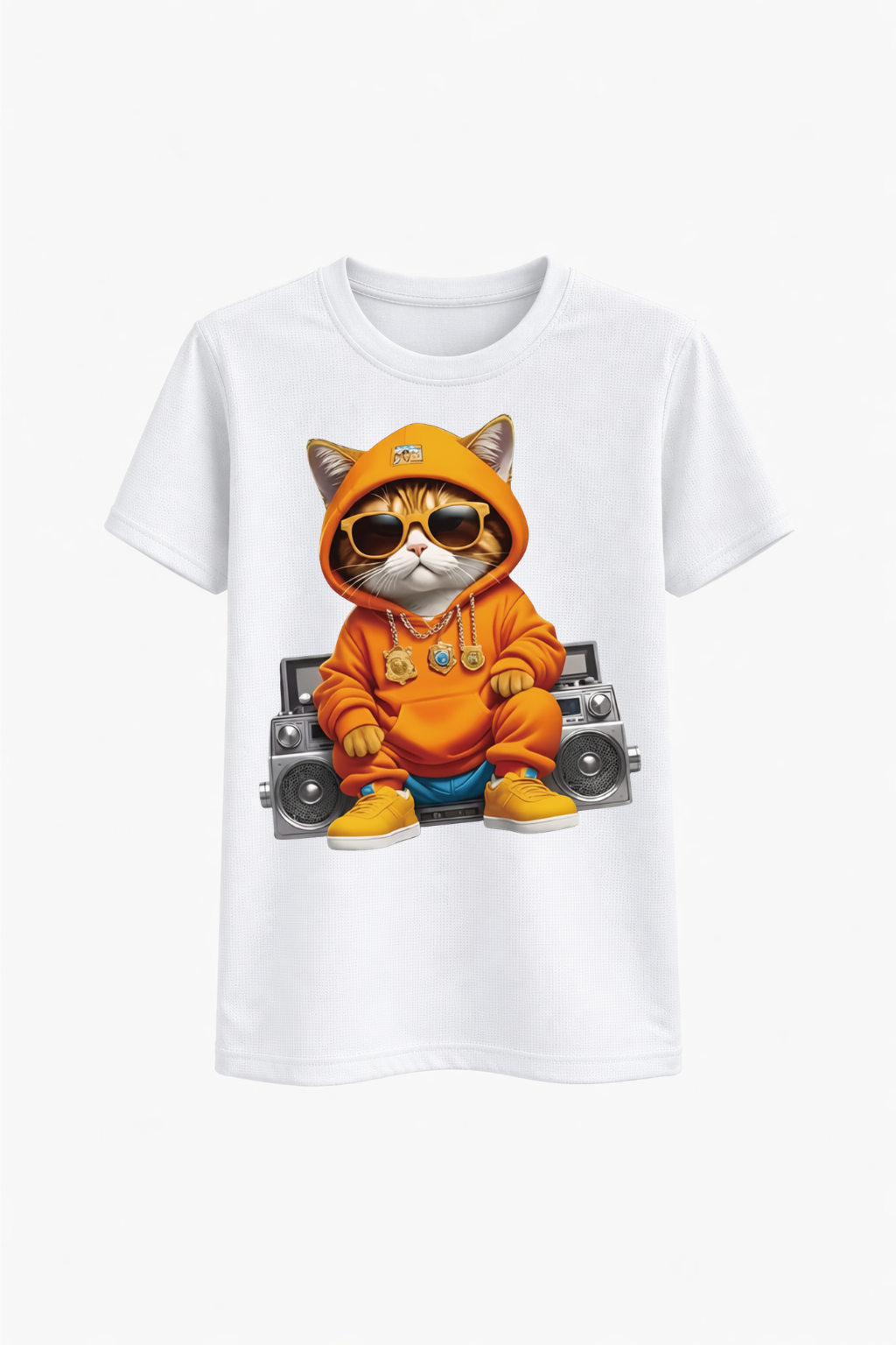 White t-shirt with a graphic of a cat in an orange hoodie and sunglasses on a white background