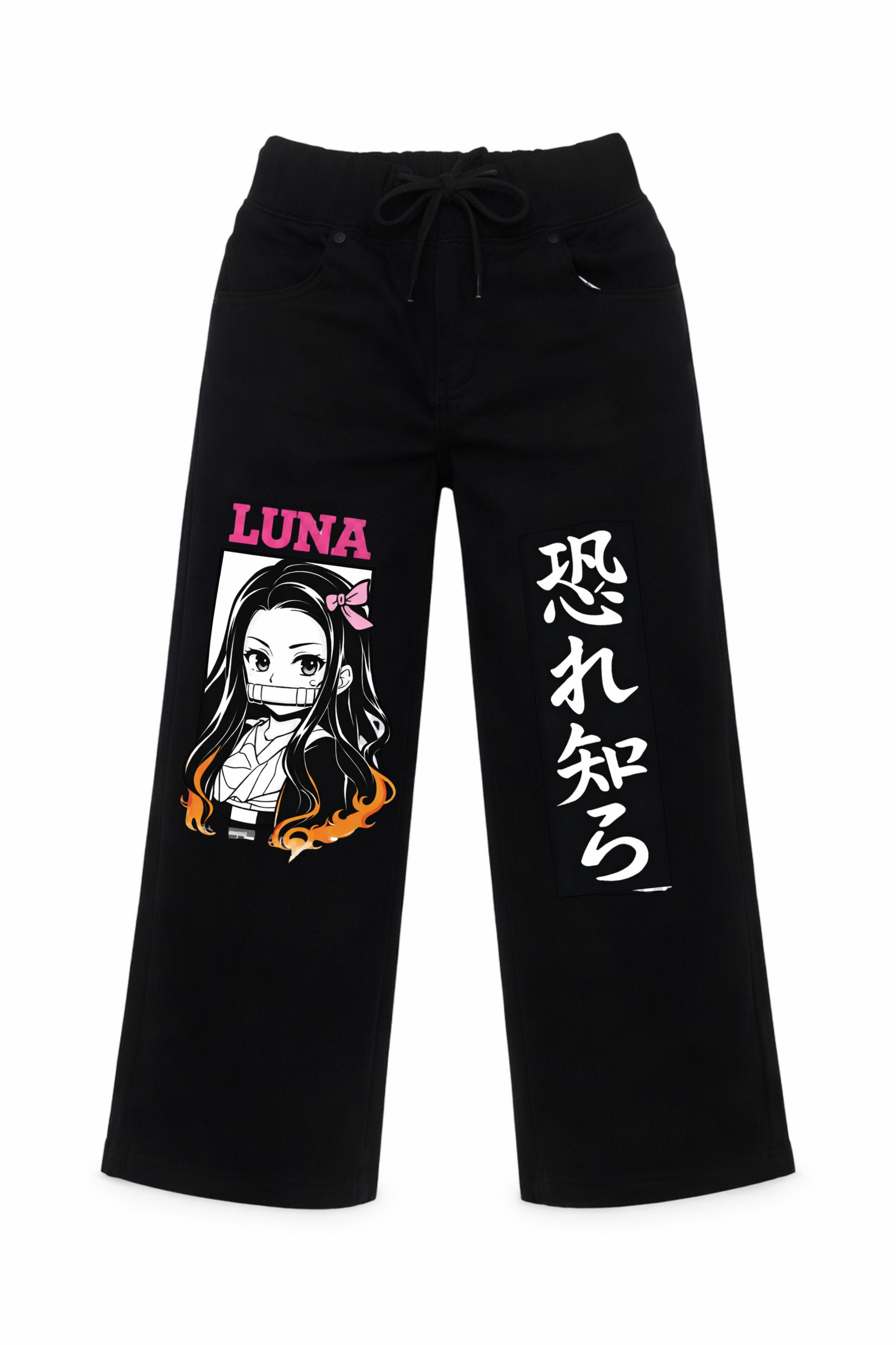 Black pants with anime character and text on a white background