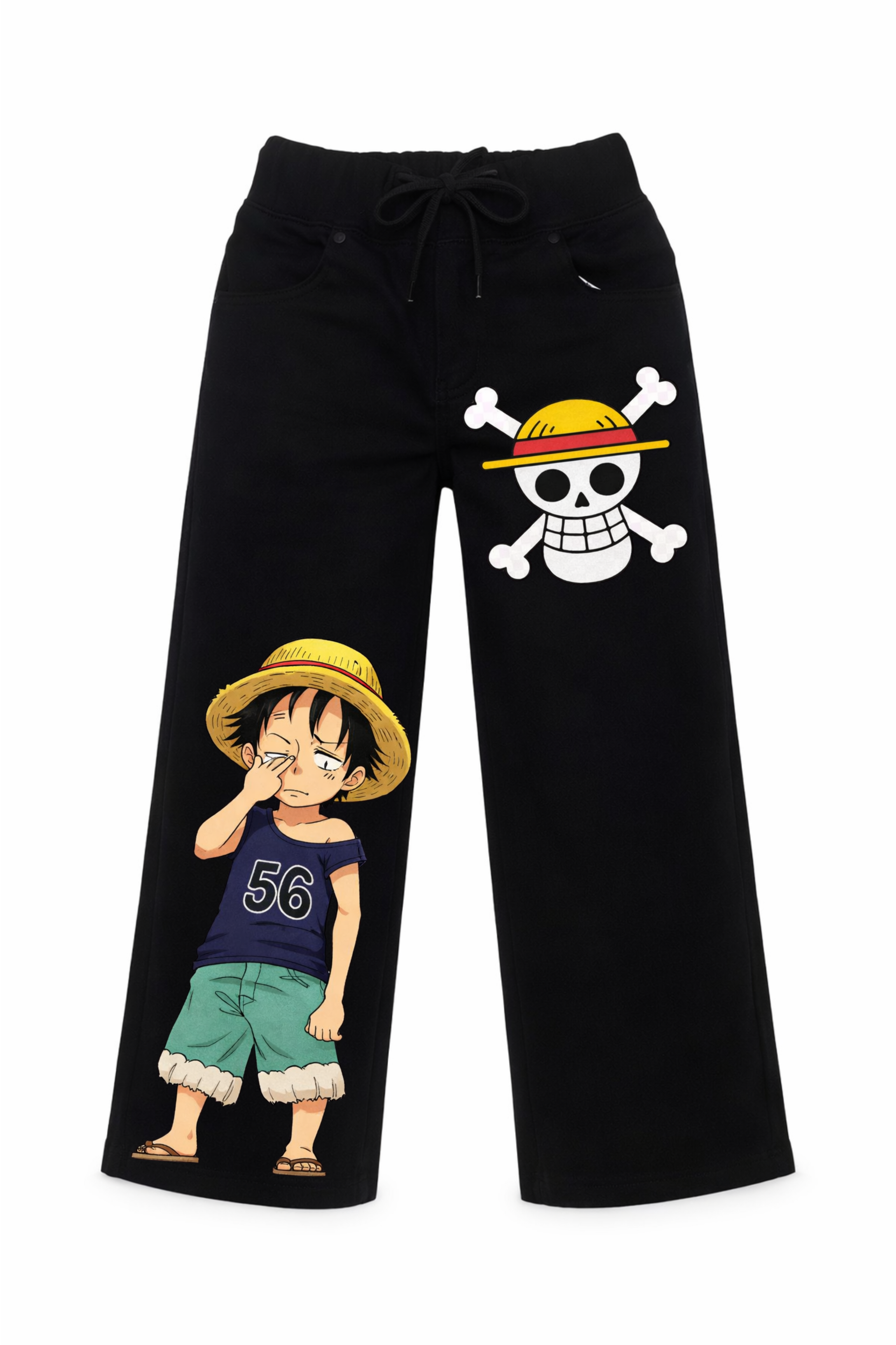 Black pants with a cartoon character and skull design on a white background