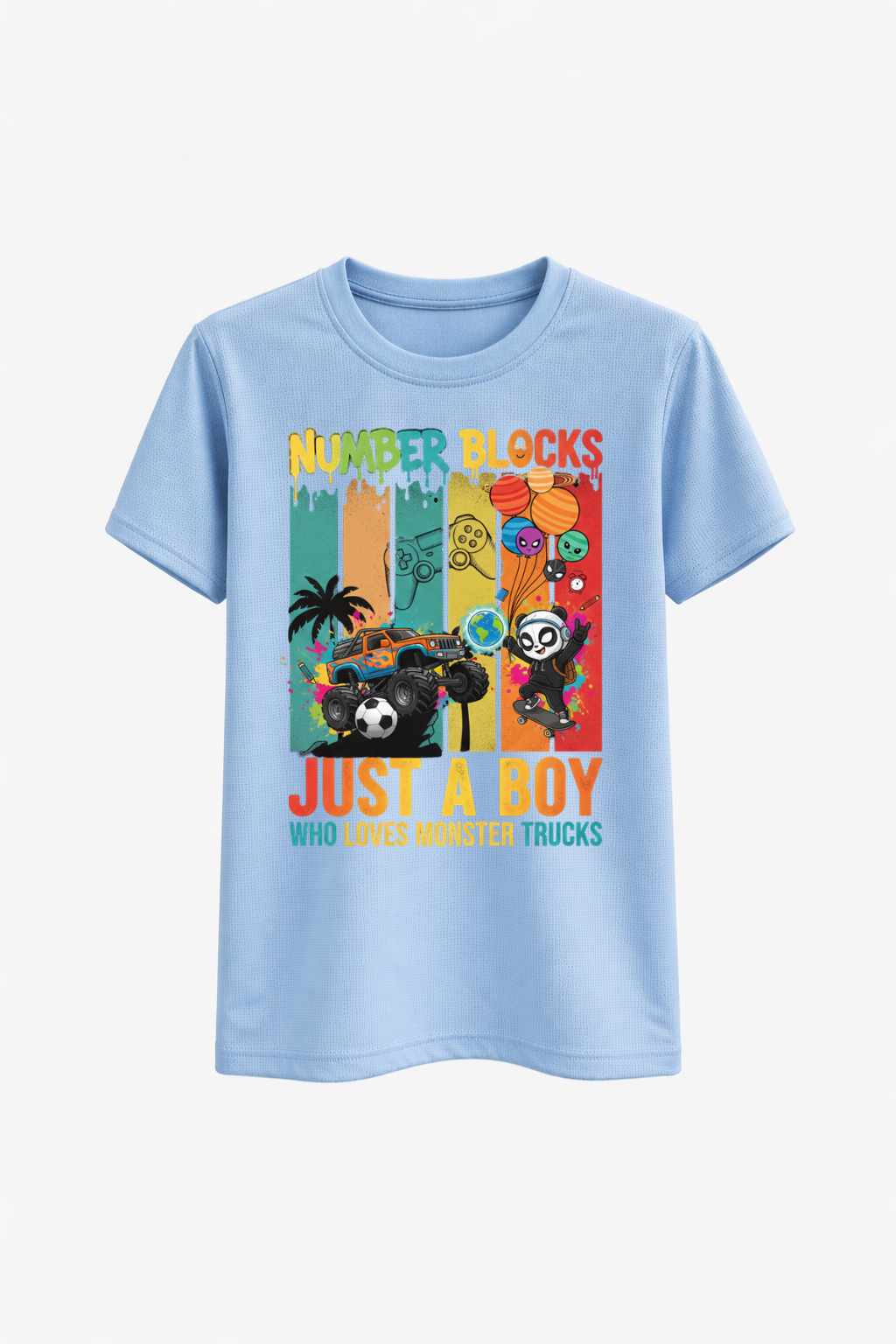 Light blue t-shirt with colorful graphic and text on a white background