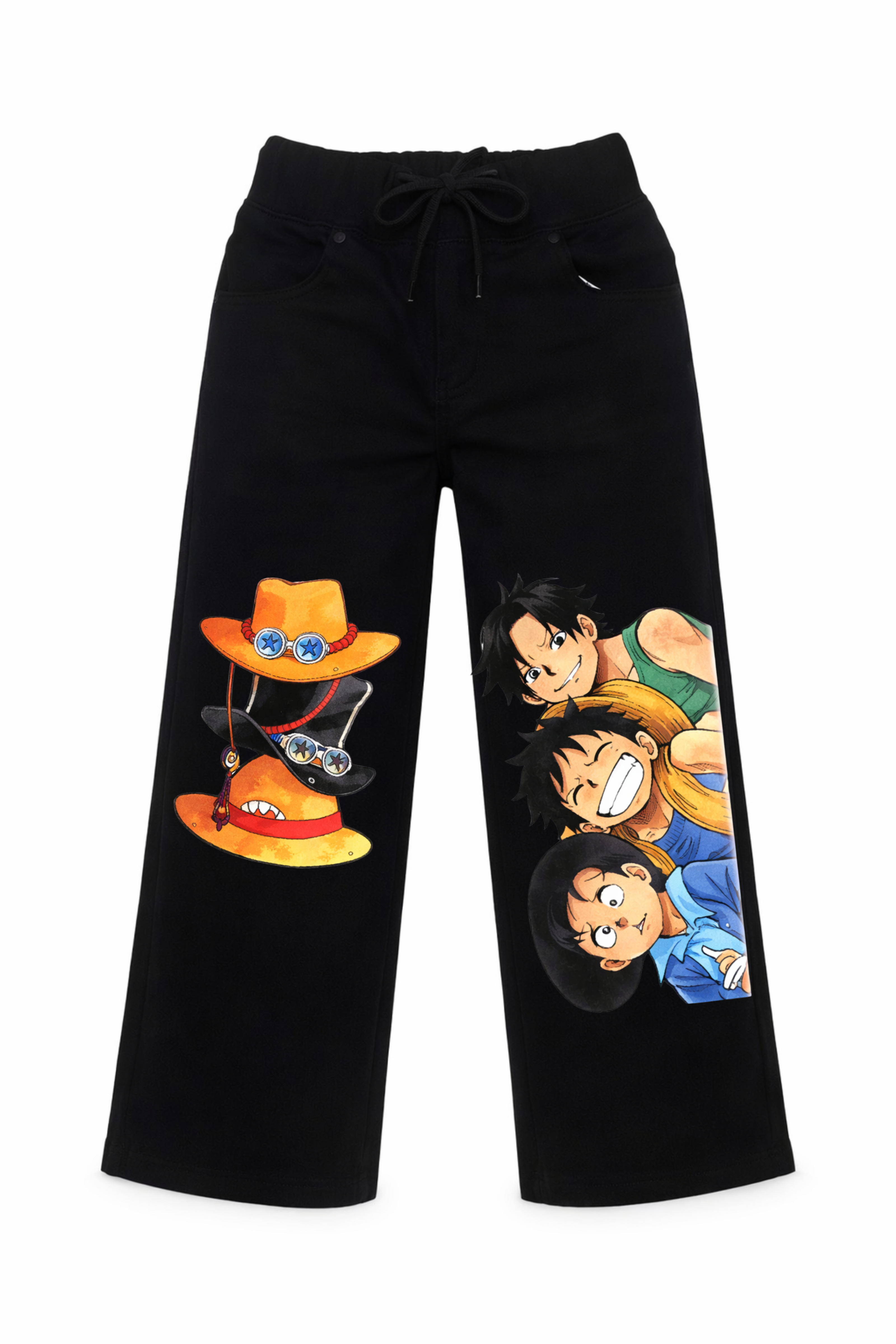 Black pants with cartoon character graphics on a white background
