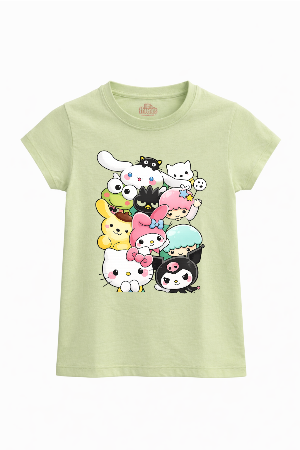 Light green t-shirt with colorful cartoon characters on a white background