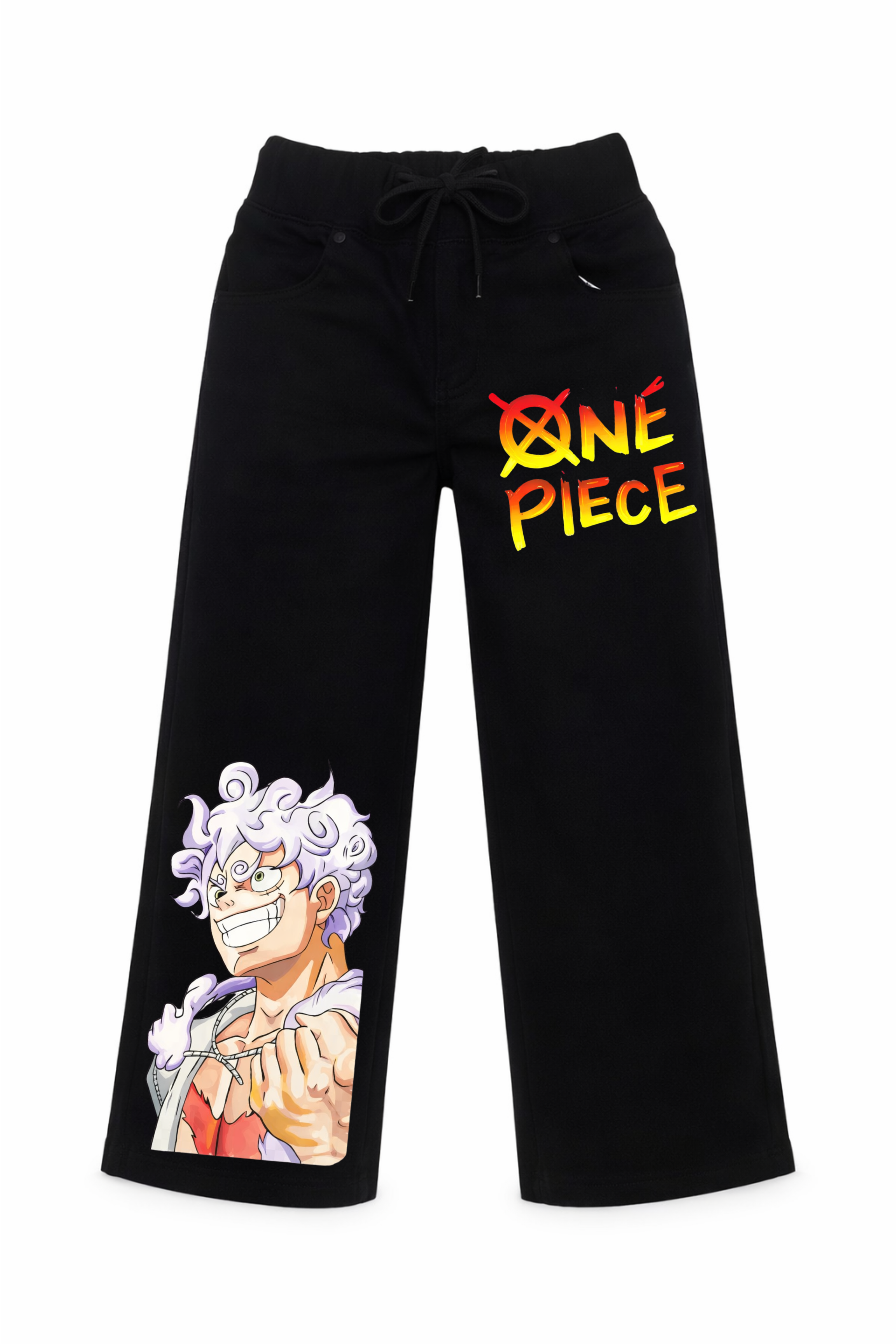 Black pants with 'One Piece' logo and character design on a white background