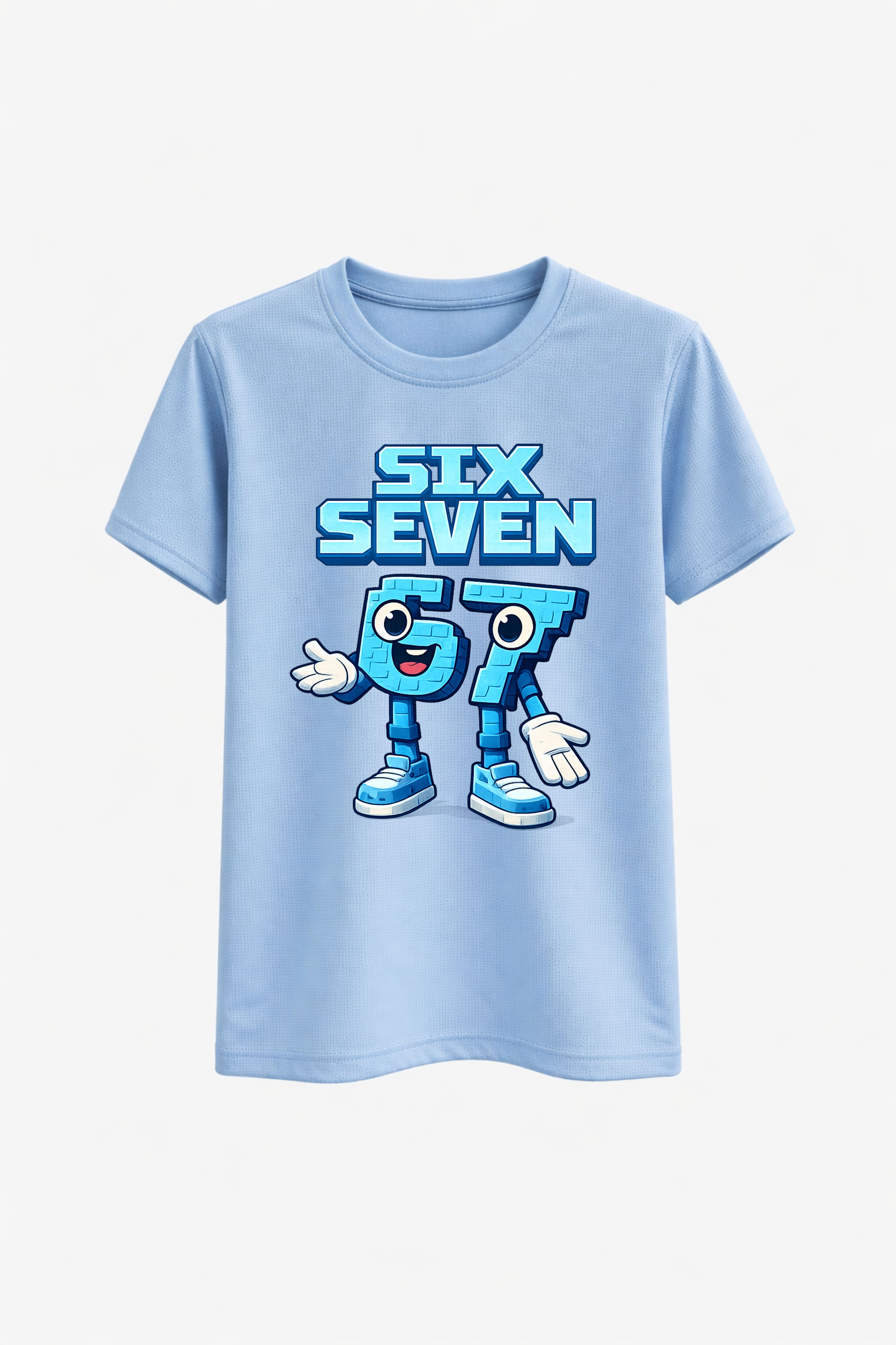 Light blue t-shirt with cartoon character and 'Six Seven 67' text on a white background