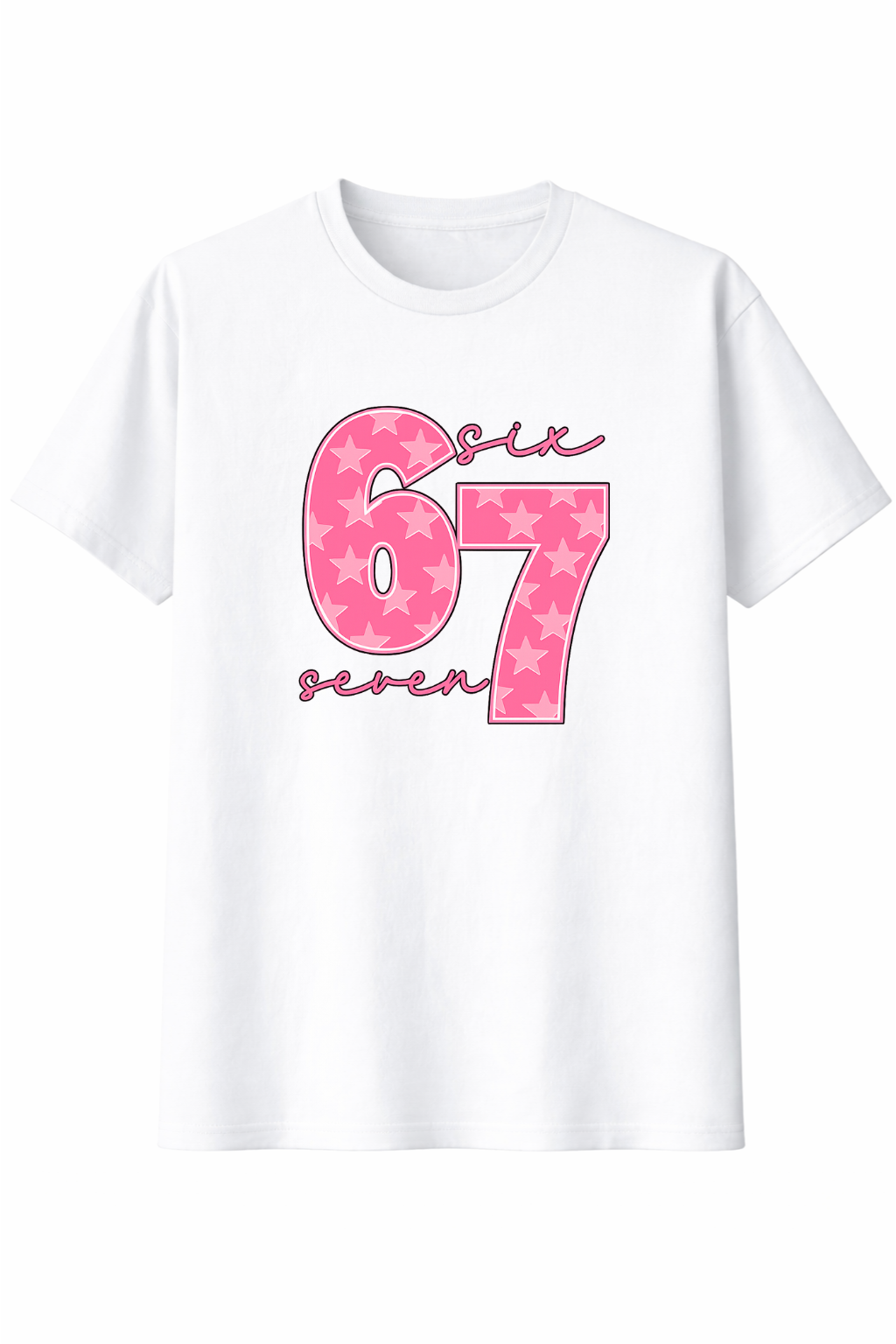 White t-shirt with pink number '67' design on a white background