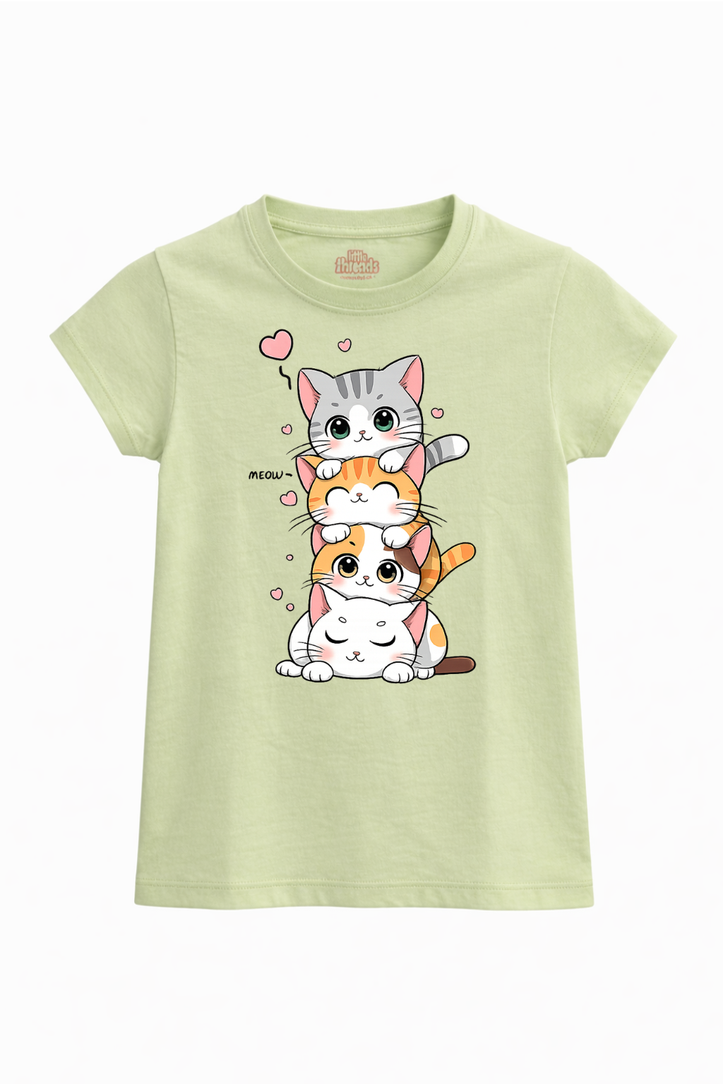 Light green t-shirt with cartoon cat design on a white background