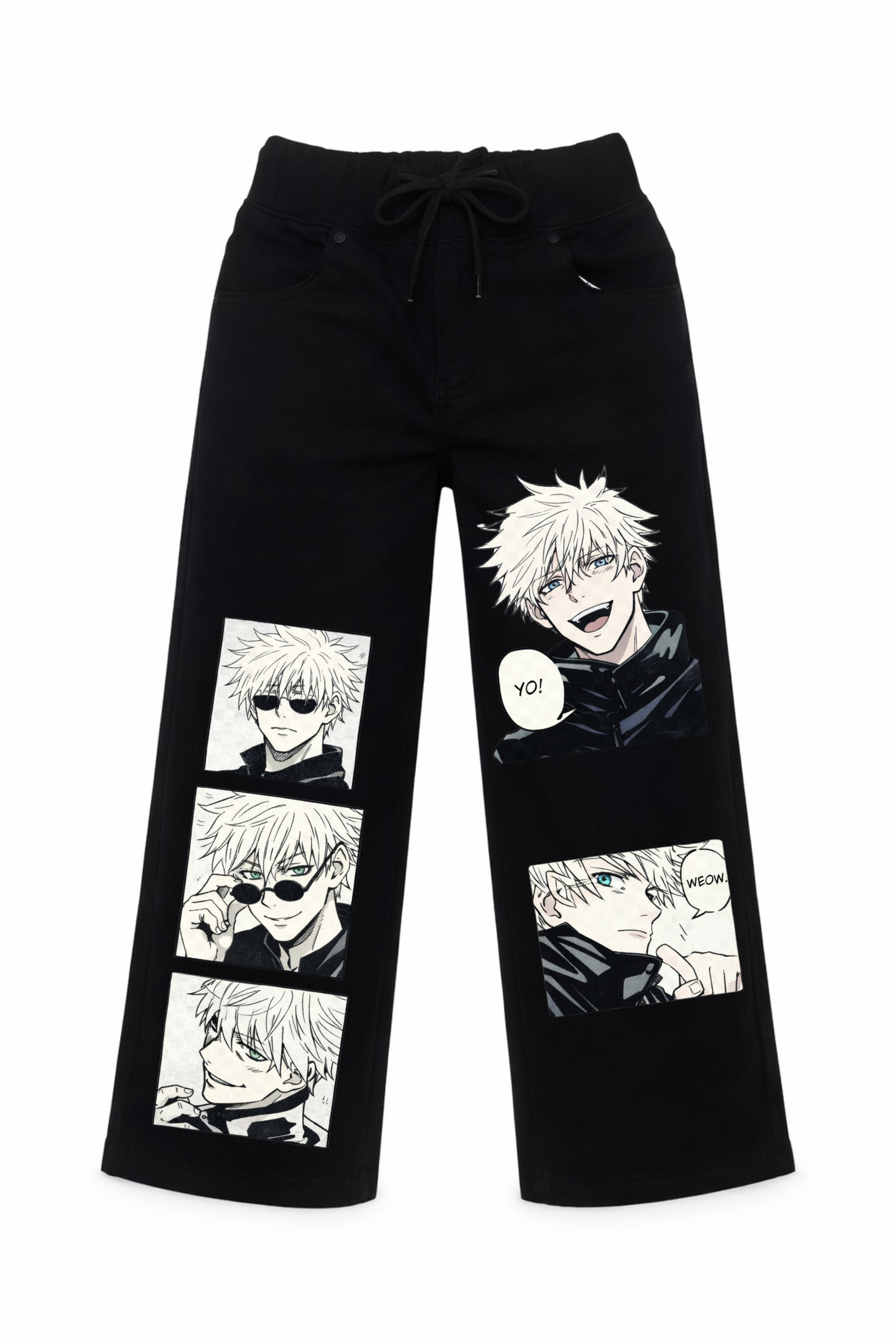Black pants with character illustrations on a white background