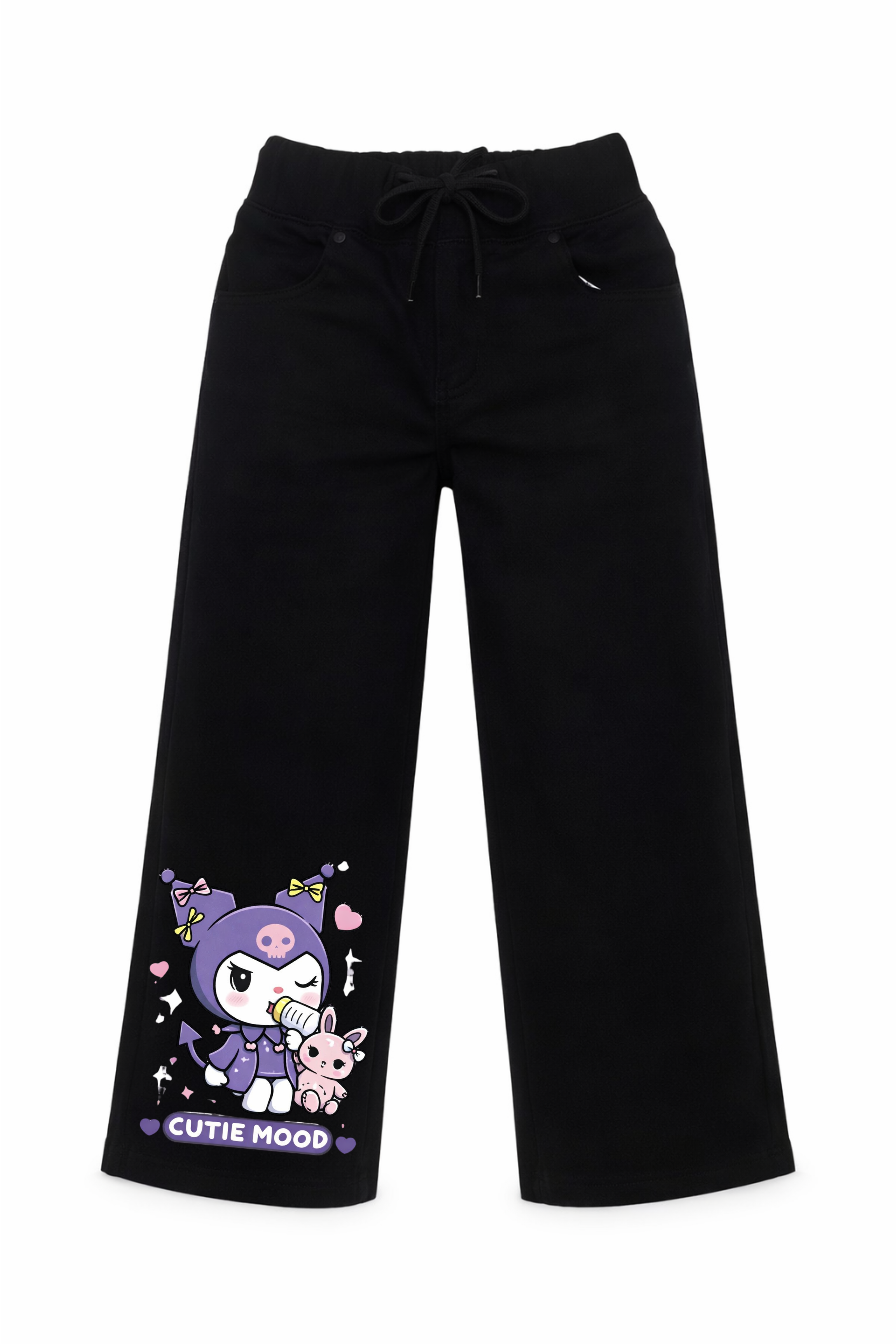 Black pants with a cartoon character and 'Cutie Mood' text on a white background