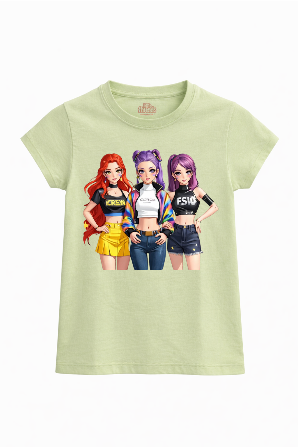 Light green t-shirt with cartoon characters on a white background