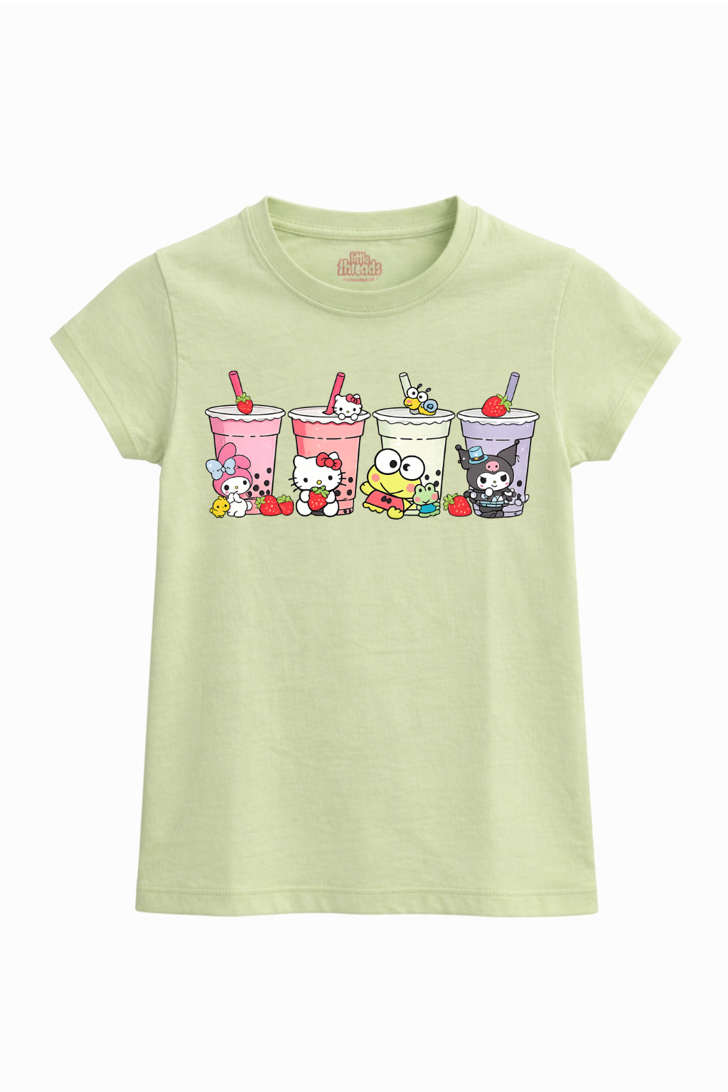 Light green t-shirt with cartoon bubble tea design on a white background