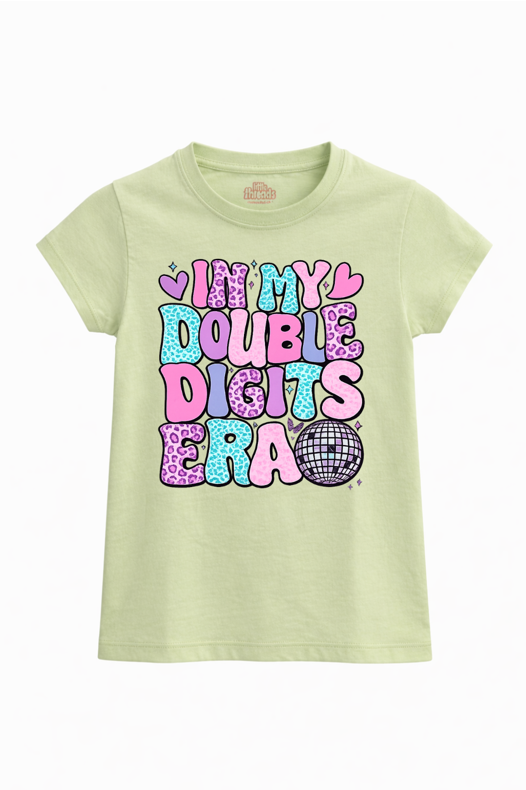 Light green t-shirt with colorful text design on a white background