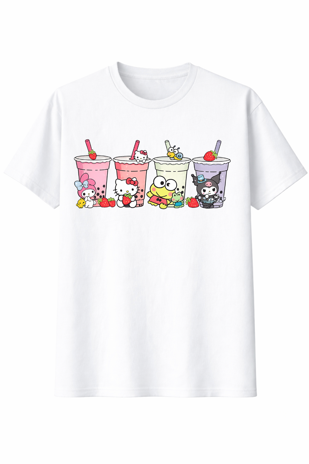 White t-shirt with cartoon character drinks design on a white background
