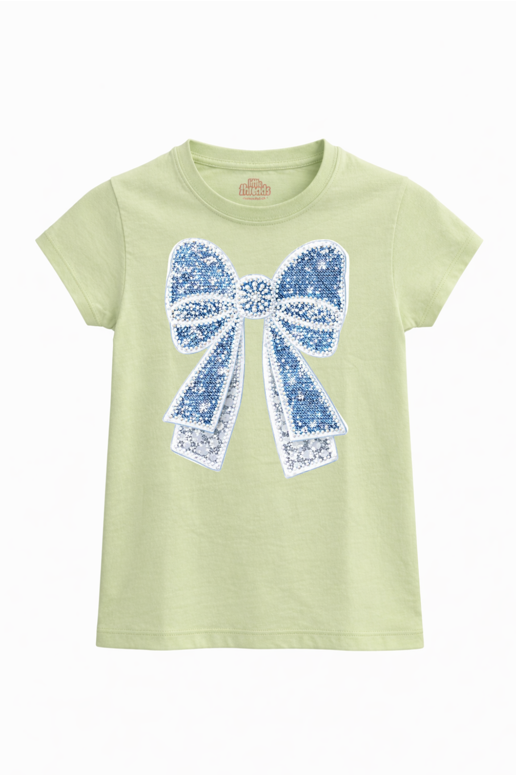 Light green t-shirt with a large blue bow design on a white background