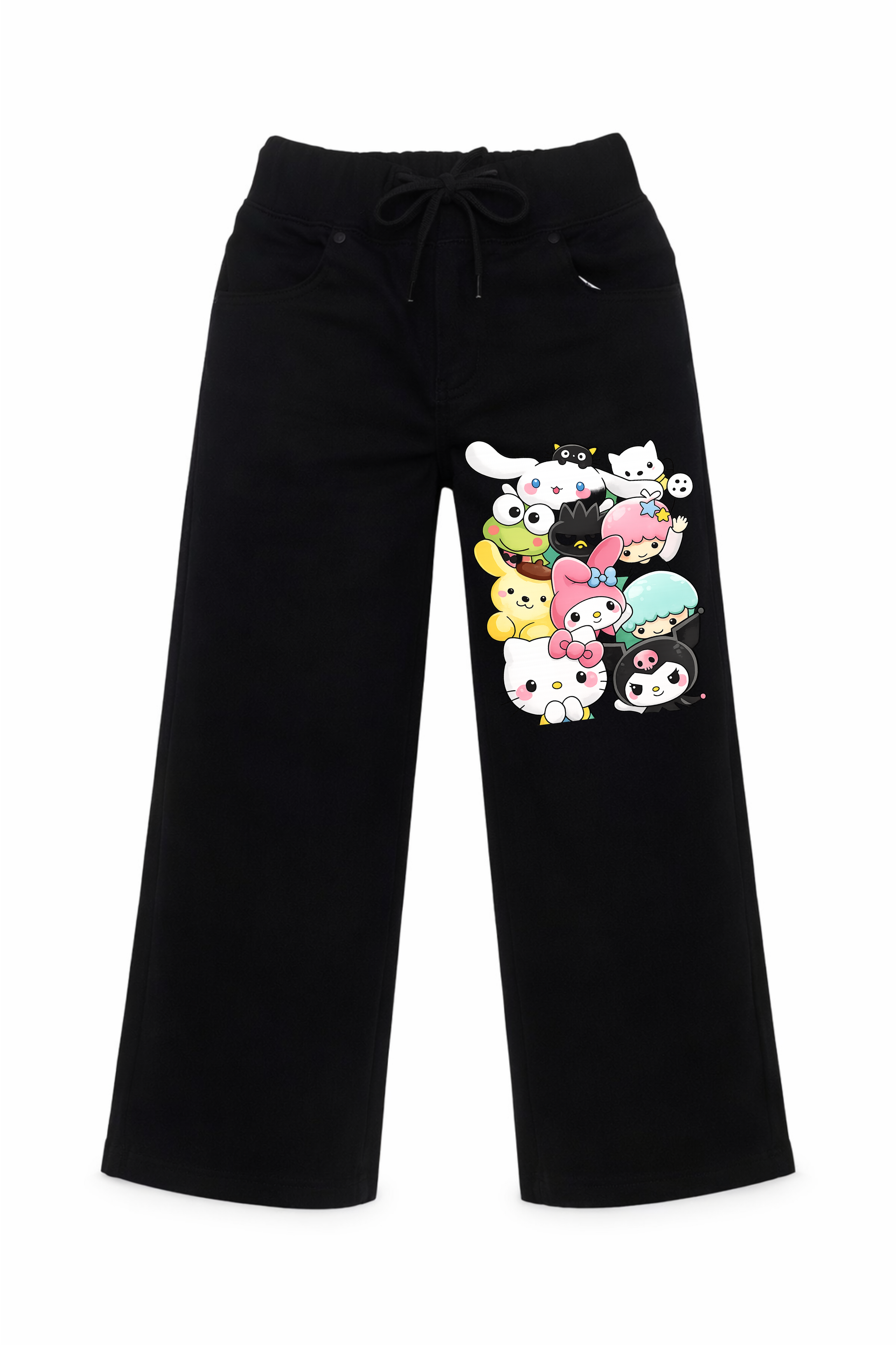 Black pants with colorful cartoon character design on a white background