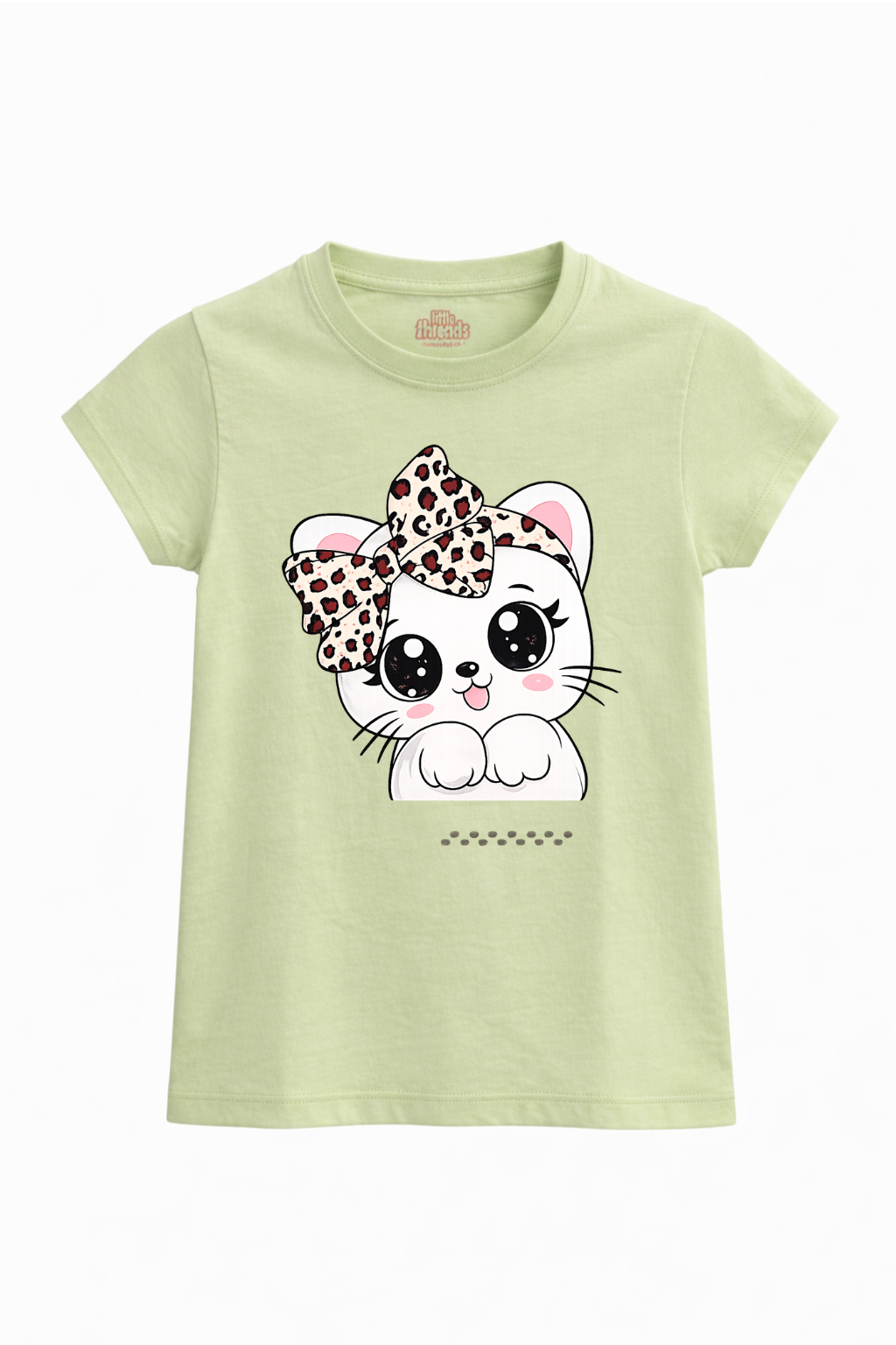 Light green t-shirt with a cartoon cat design featuring a leopard print bow on a white background