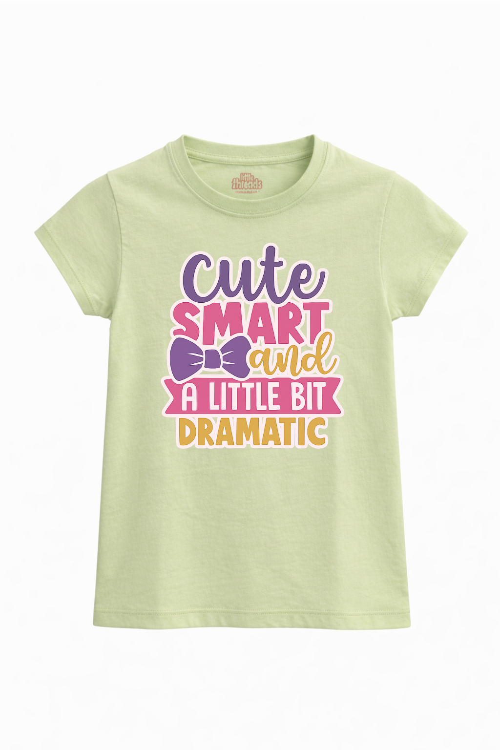 Light green t-shirt with colorful text design on a white background