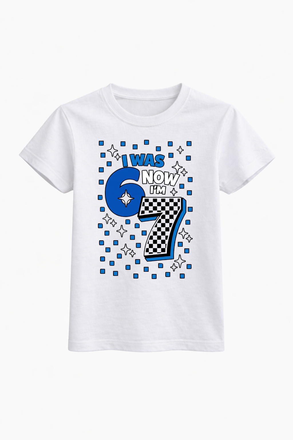 White t-shirt with blue and black graphic design on a white background