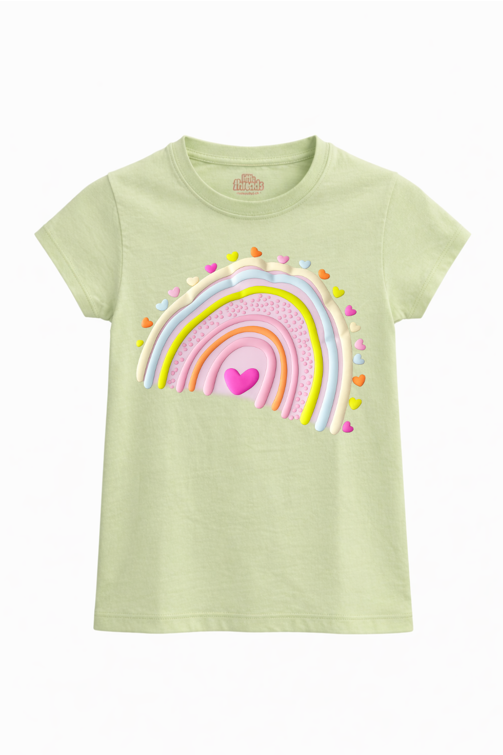 Light green t-shirt with a colorful rainbow and heart design on a white background