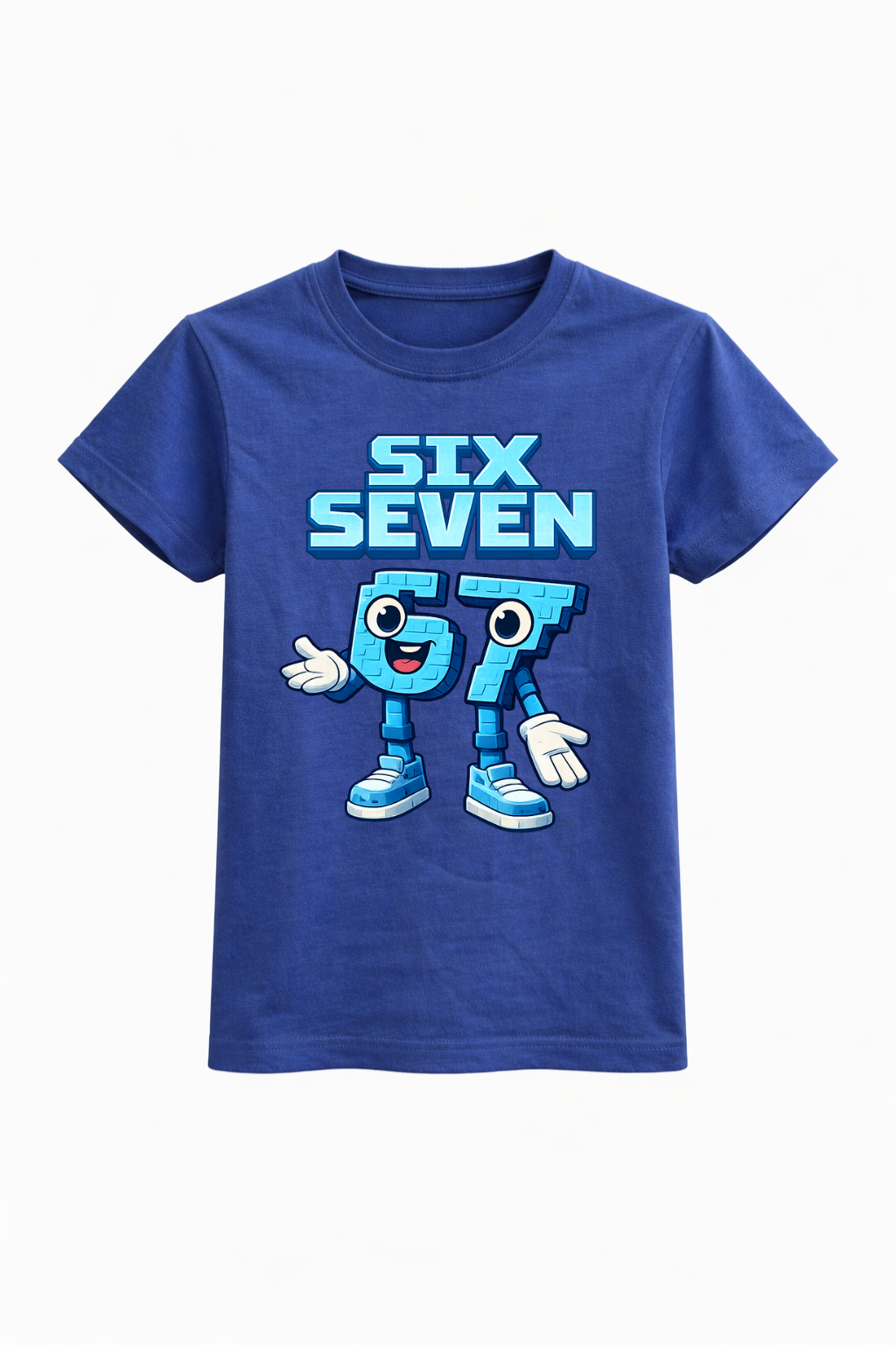 Blue t-shirt with a cartoon character and 'SIX SEVEN' text on a white background