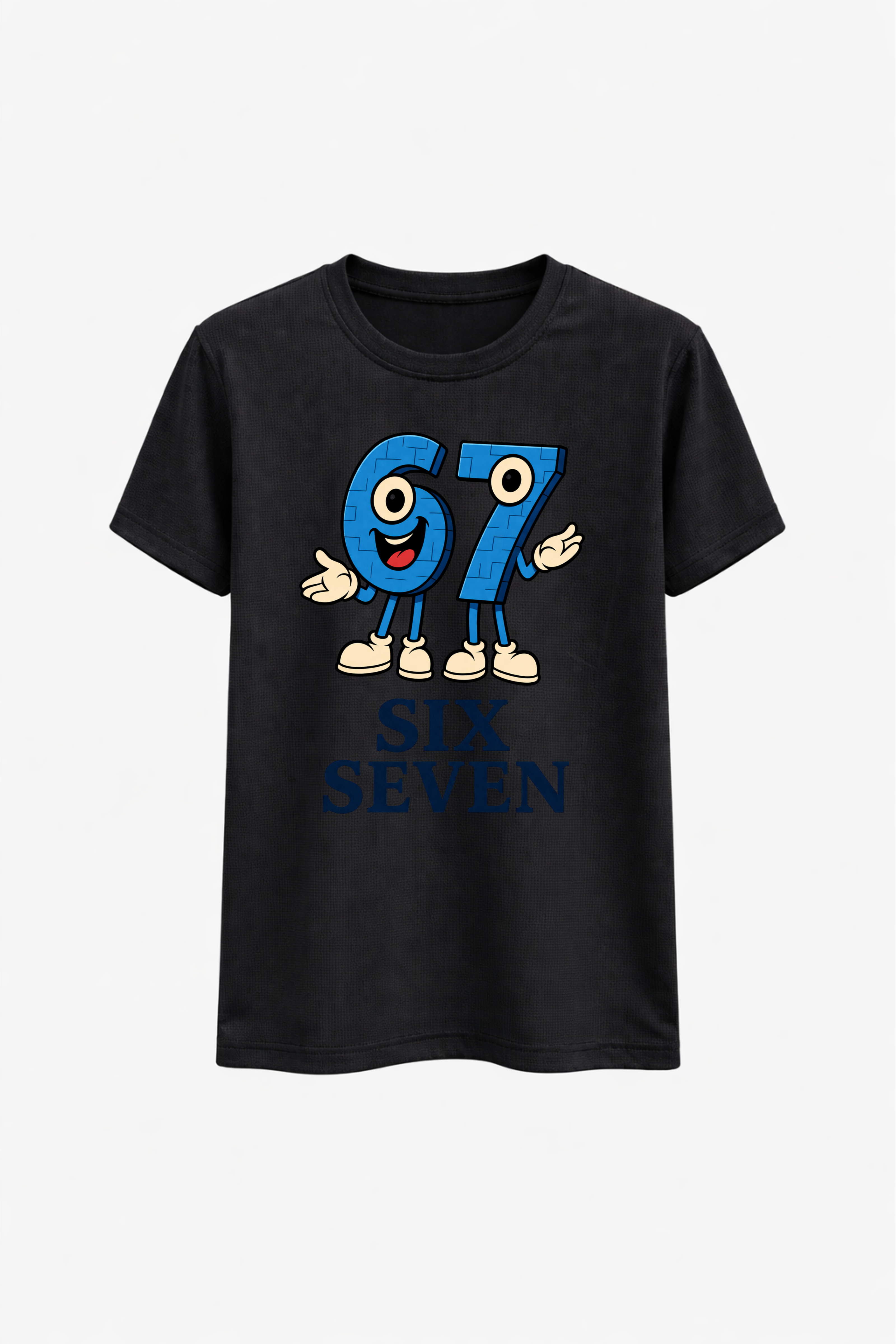Black t-shirt with a blue graphic design on a white background