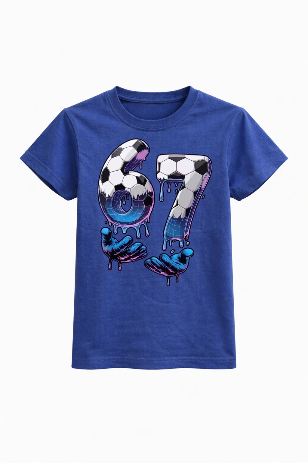 Blue t-shirt with soccer ball design and number 67 on a white background
