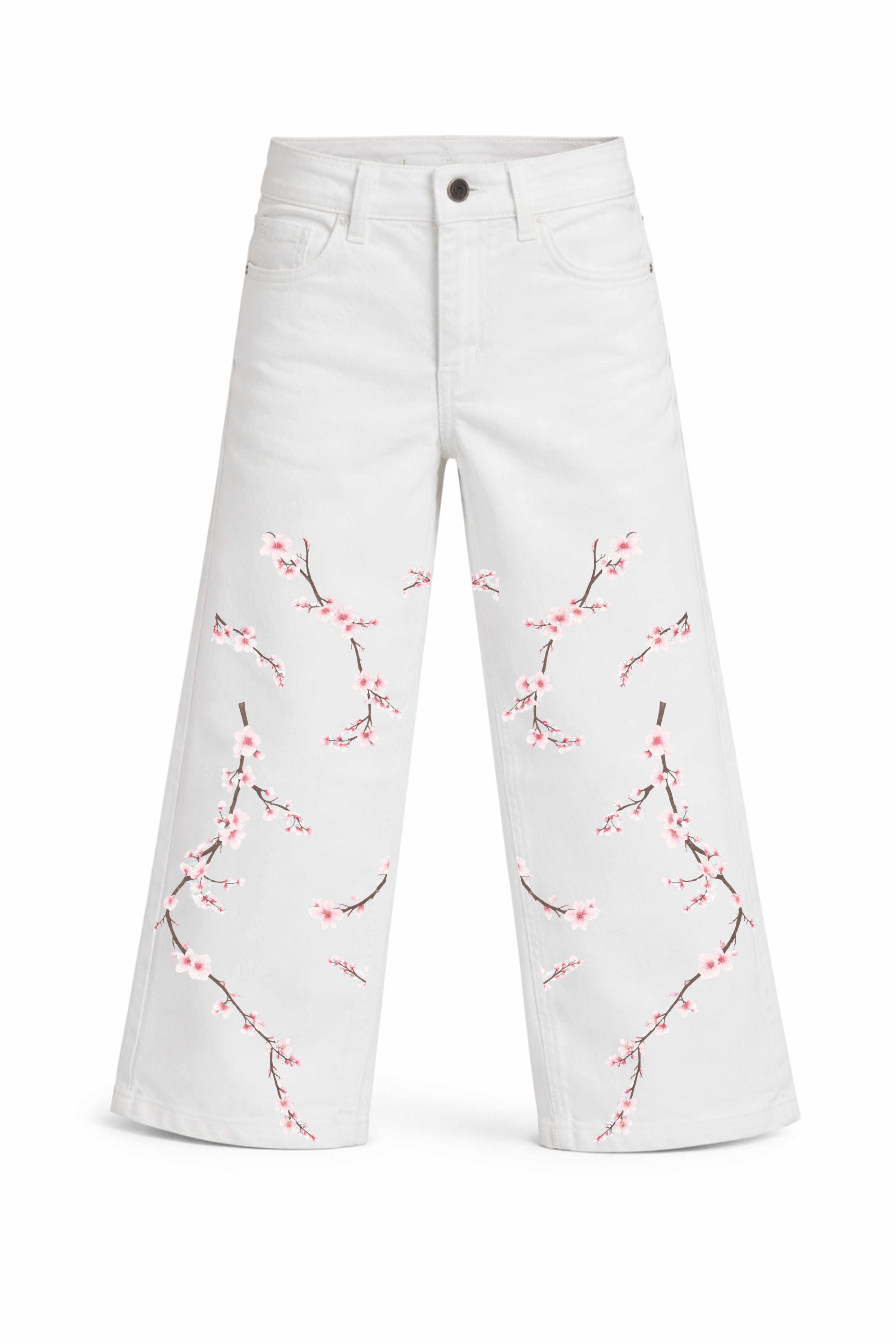 White pants with pink floral embroidery on a white background