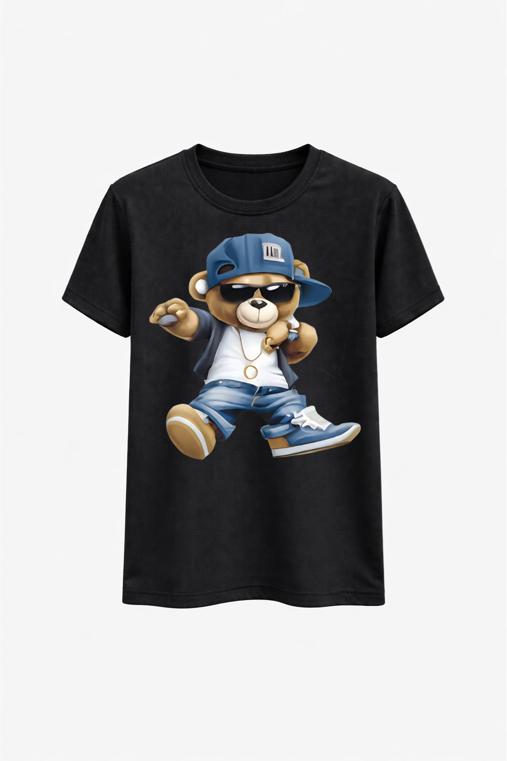 Black t-shirt with a bear graphic wearing sunglasses, a blue cap, and jeans on a white background