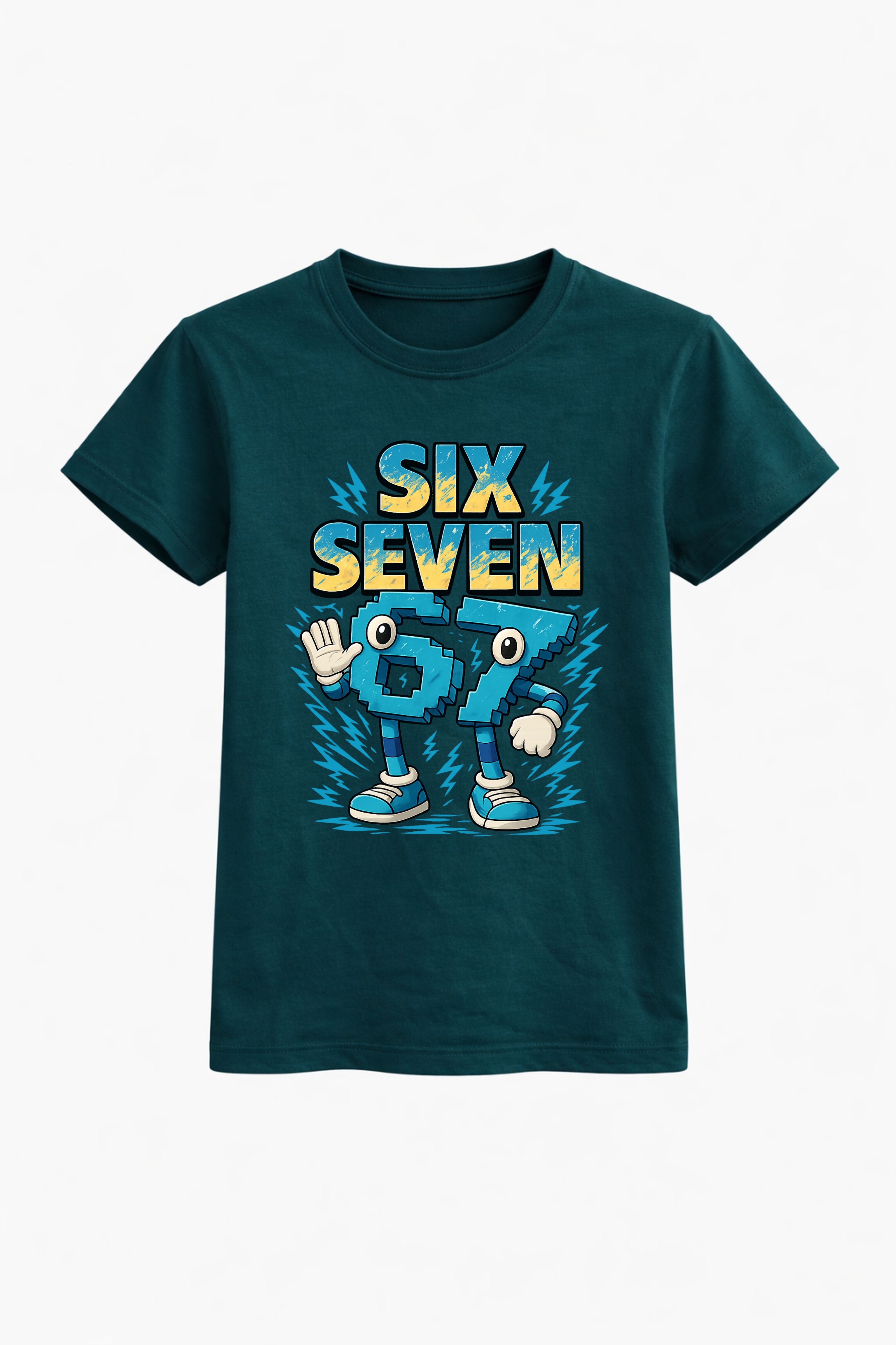 Teal t-shirt with 'SIX SEVEN 67' design on a white background