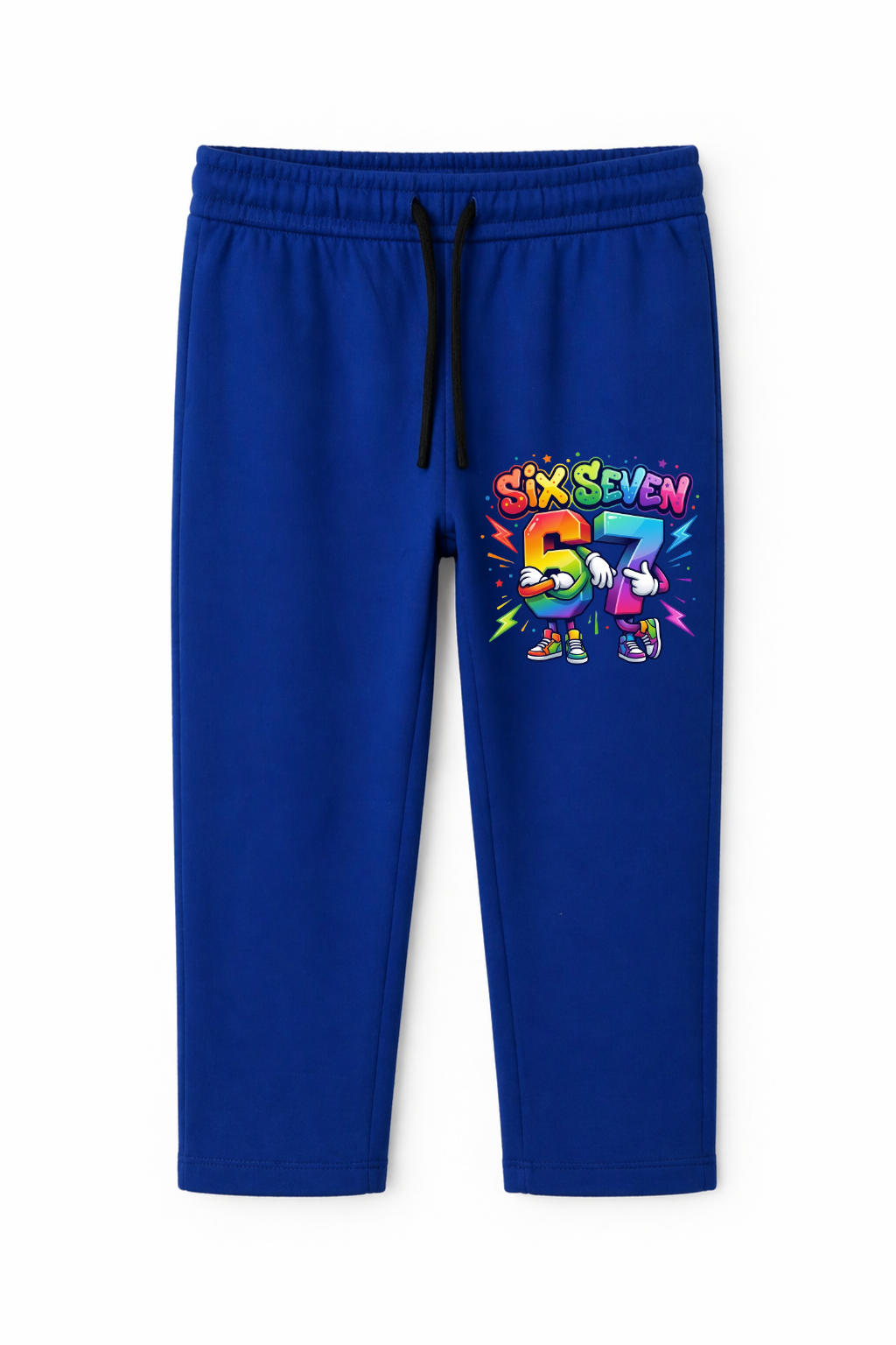 Blue sweatpants with colorful 'Six Seven 67' design on a white background