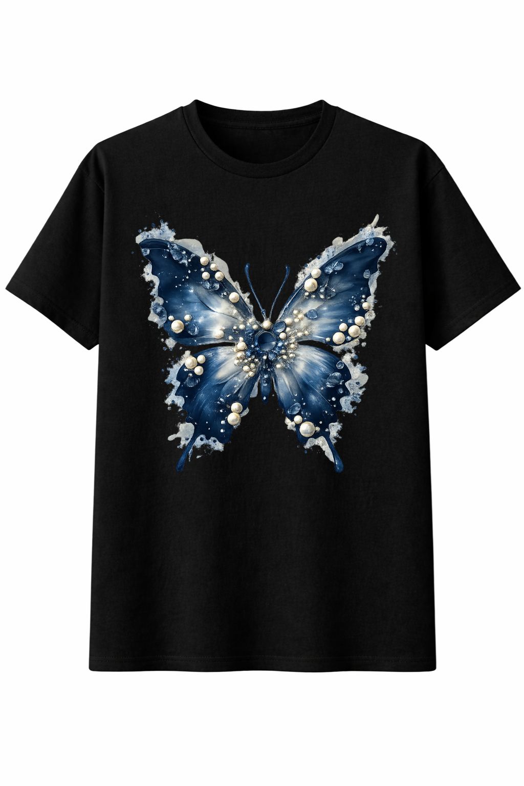 Black t-shirt with a blue butterfly design on a white background