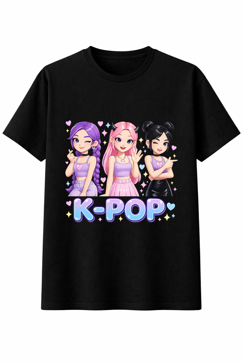 Black t-shirt with K-Pop design featuring three animated characters on a white background