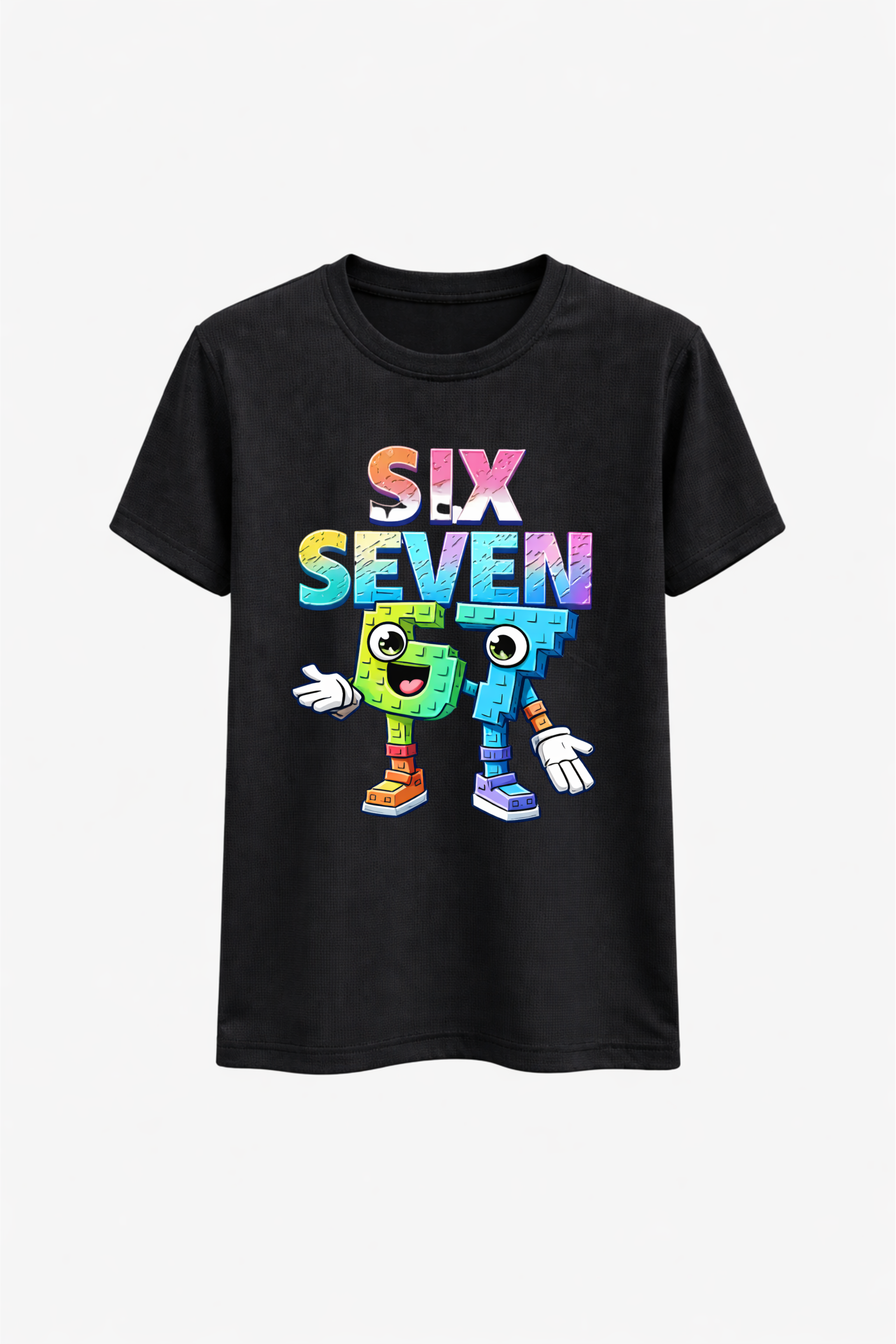 Black t-shirt with colorful 'Six Seven Six' design on a white background